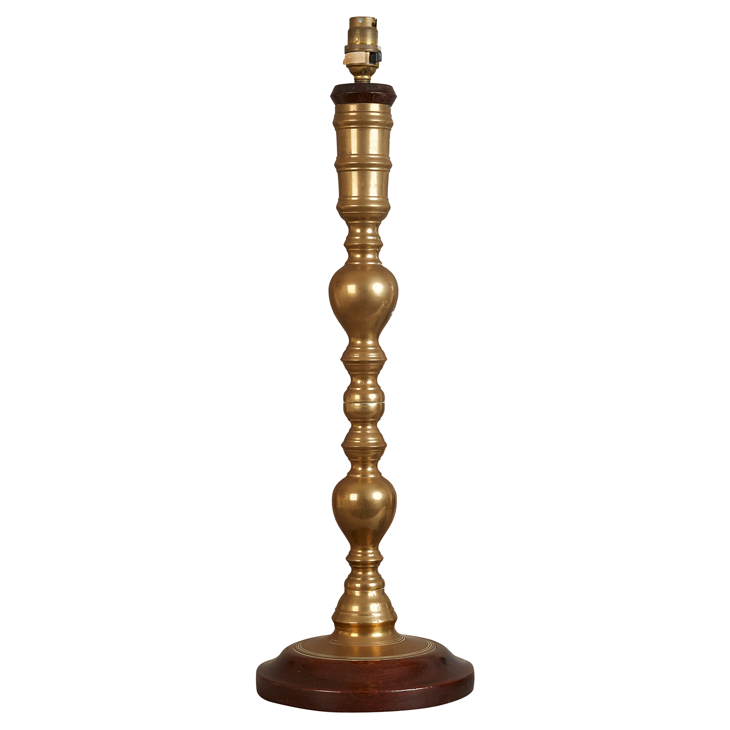 An mid 20th century brass turned table lamp on turned mahogany base