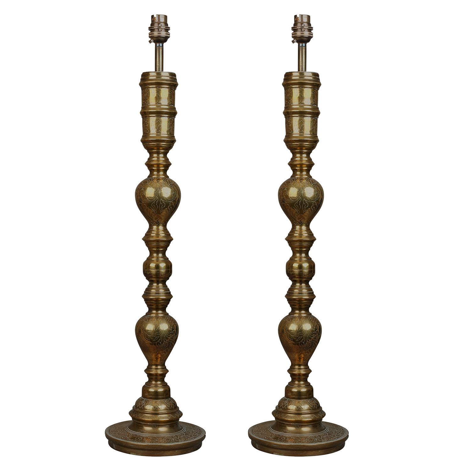 A pair of mid century Indian engraved brass table lamps