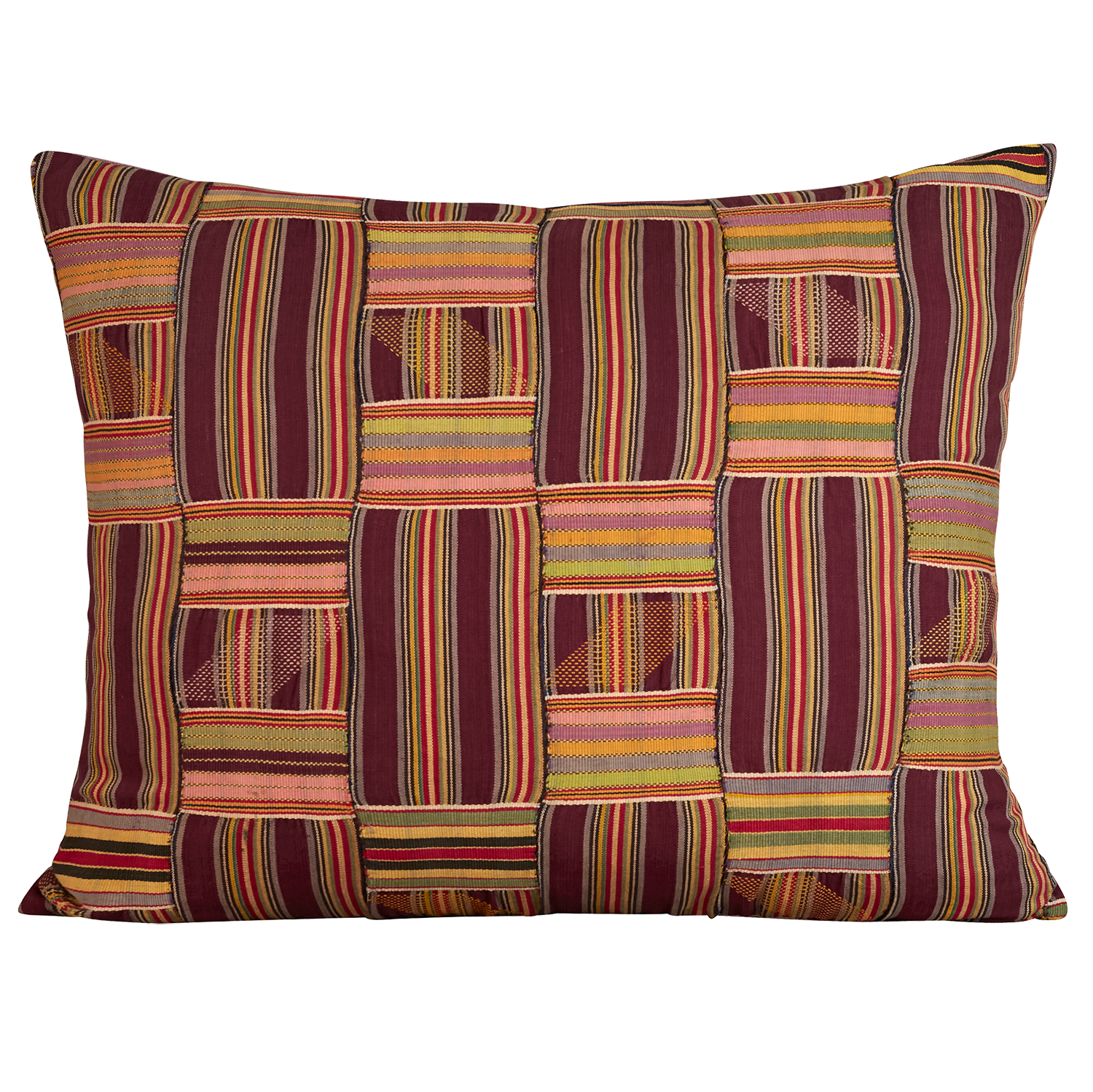 Rectangular vintage Kente cloth African cushion - Burgundy/yellow/lavender