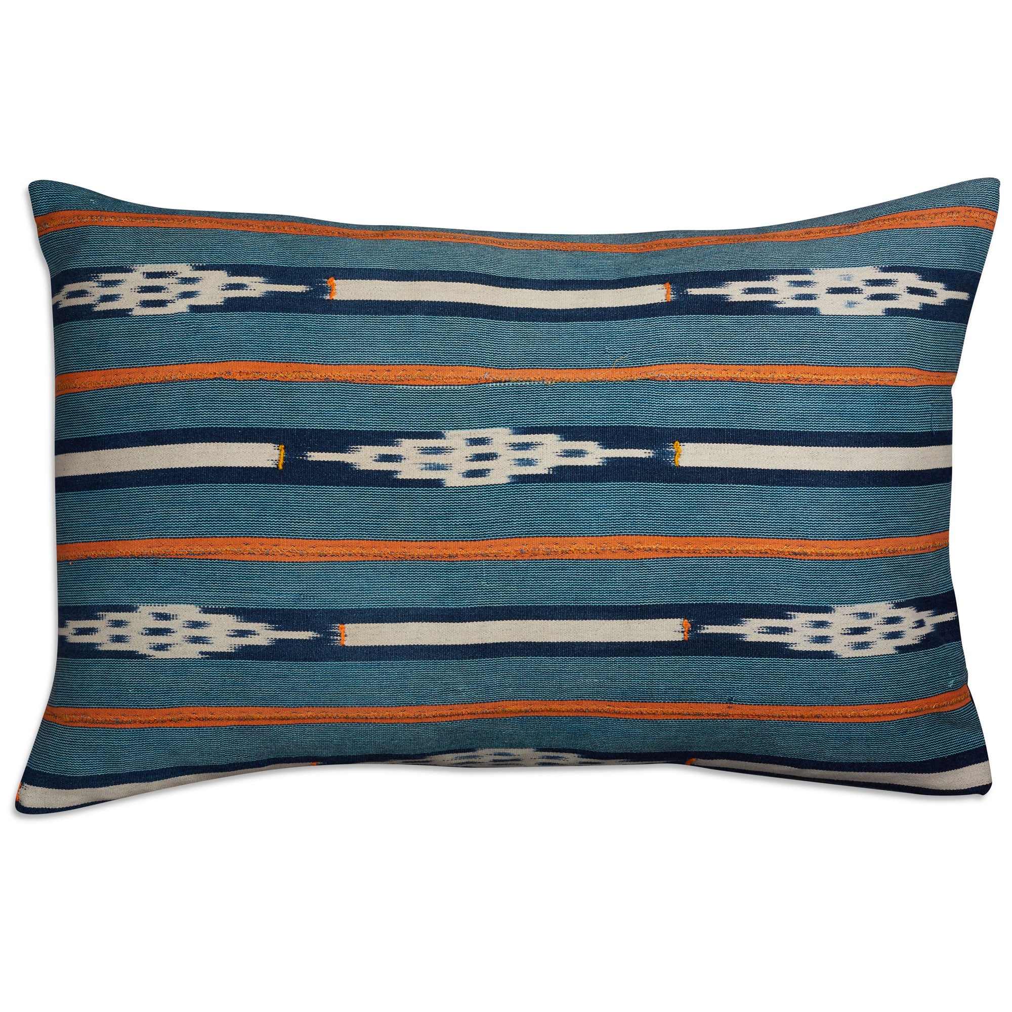 Light blue and orange Baule striped rectangular African cushion