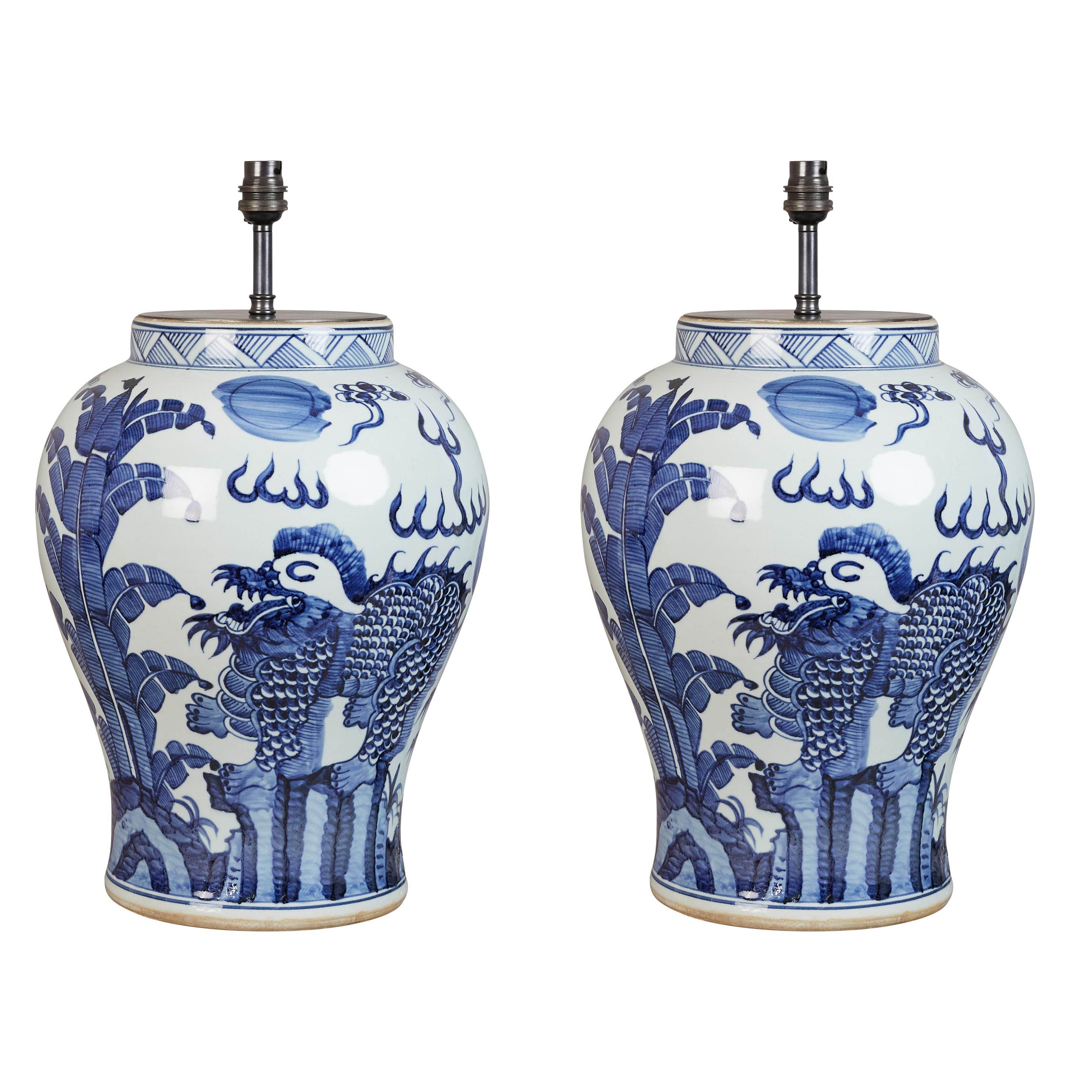 A pair of contemporary blue and white Chinese-style lidded jars with stylised phoenix birds