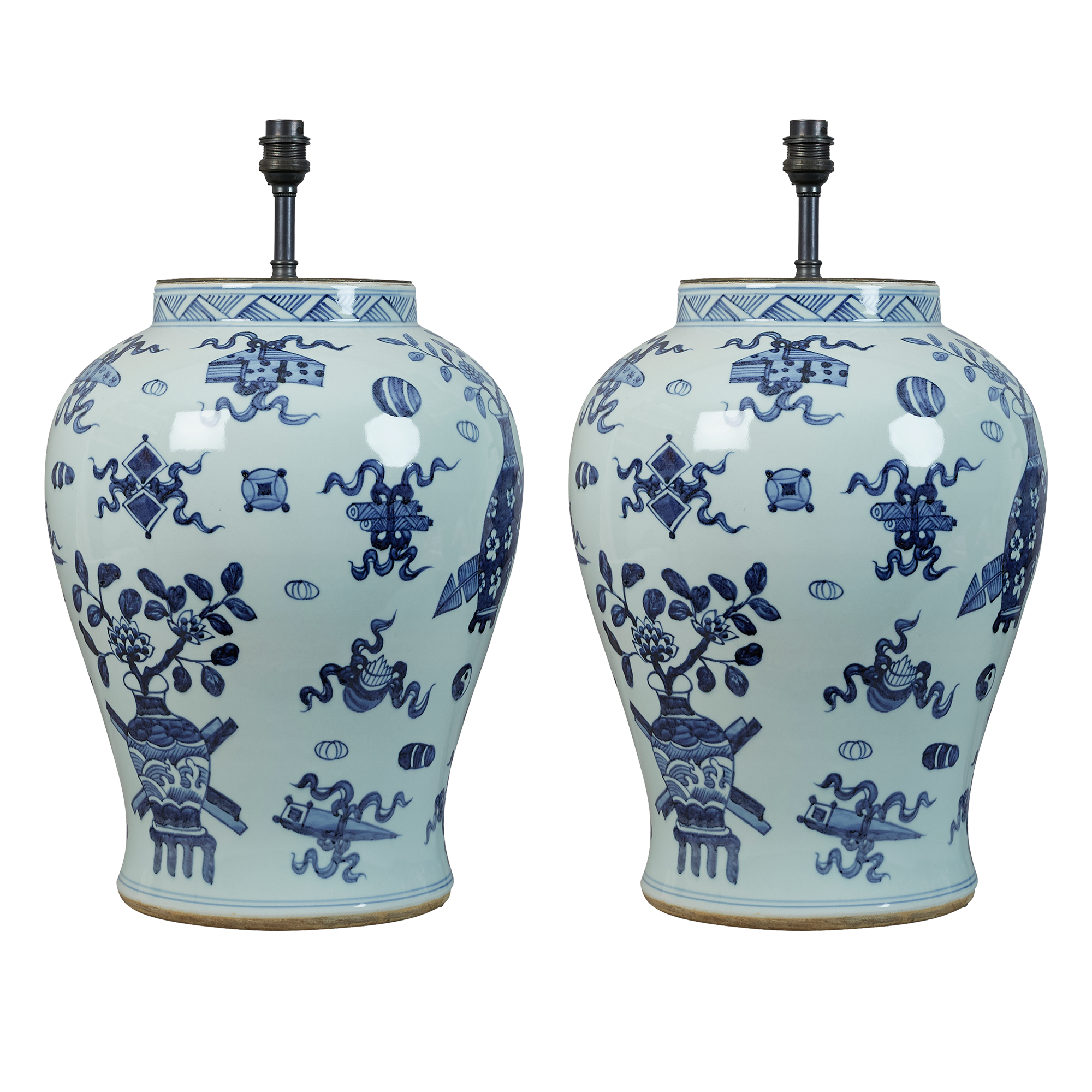 A pair of contemporary blue and white Chinese-style blue and white pots, electrified