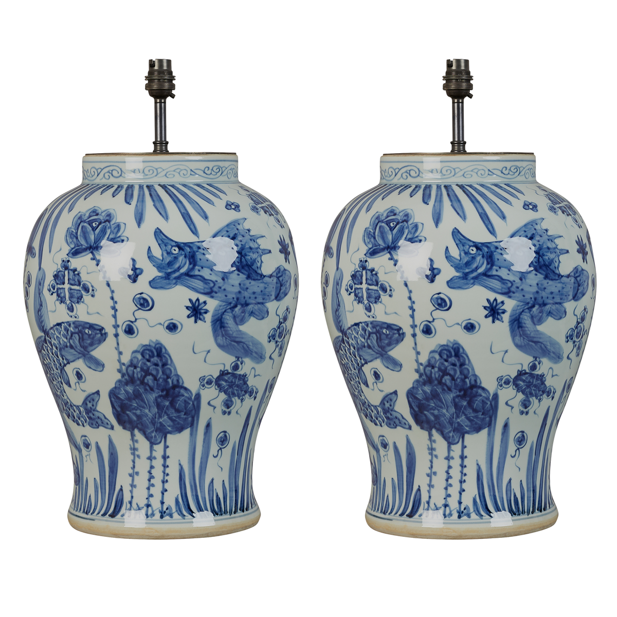 A pair of contemporary blue and white Chinese-style blue and white pots, electrified