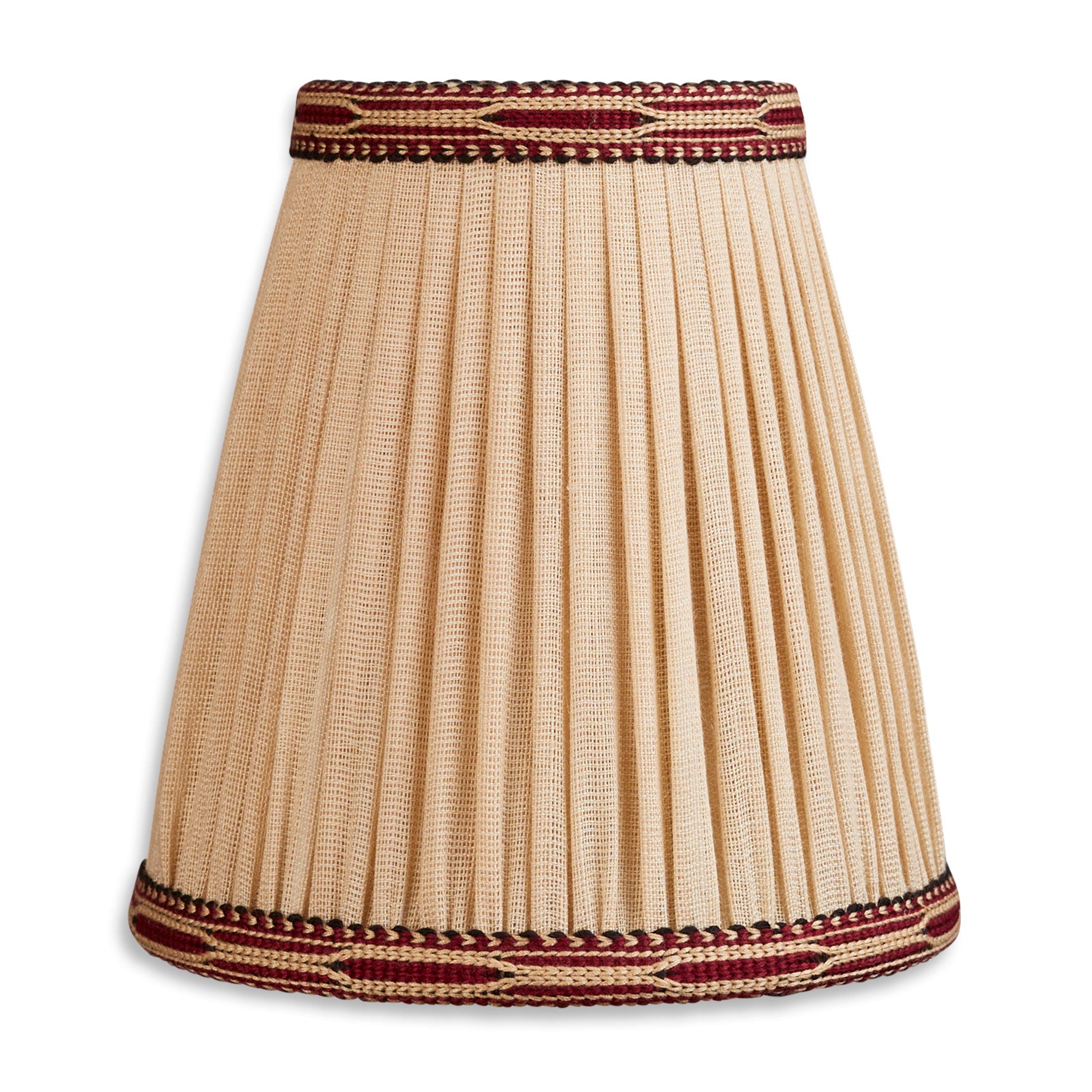 5 inch (13 cm) Pair of fine umber linen and burgundy embroidered cotton braid clip on lampshades