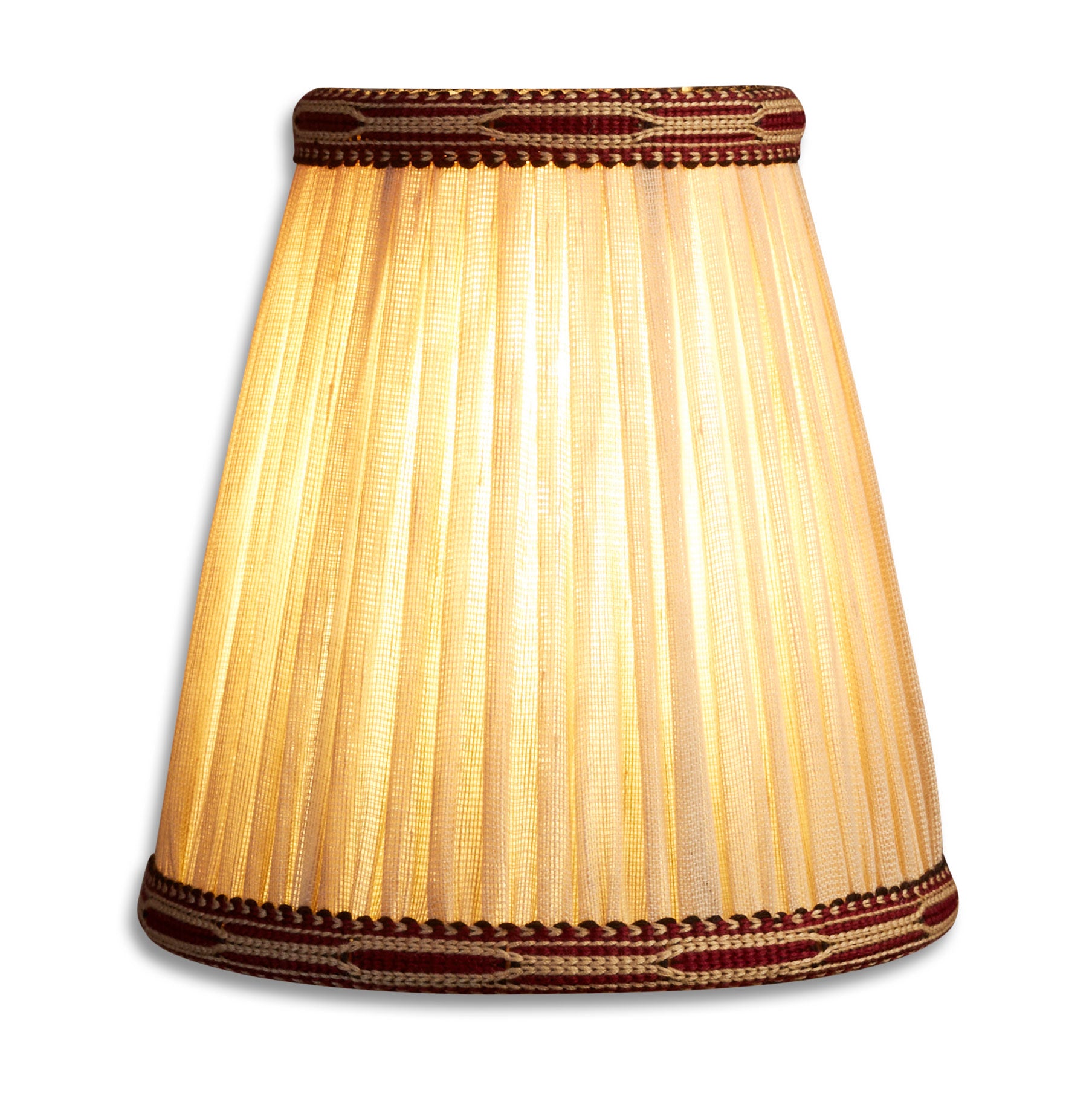 5 inch (13 cm) Pair of fine umber linen and burgundy embroidered cotton braid clip on lampshades