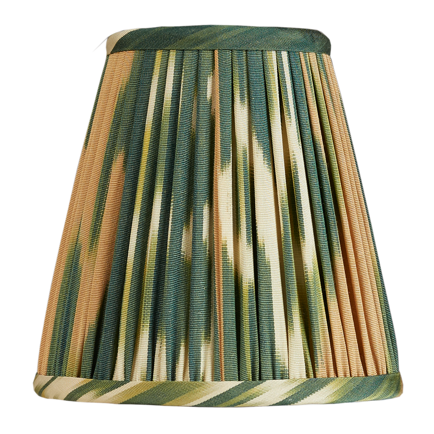 Pair of 6 inch Green and caramel silk and cotton clip on Ikat lampshades