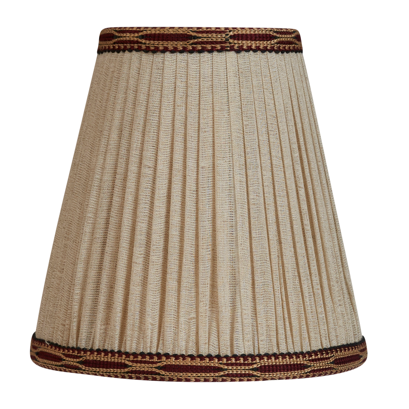 6 inch (15 cm) Pair of Cone shape gathered linen voile clip on shades with Burgundy embroidered trim