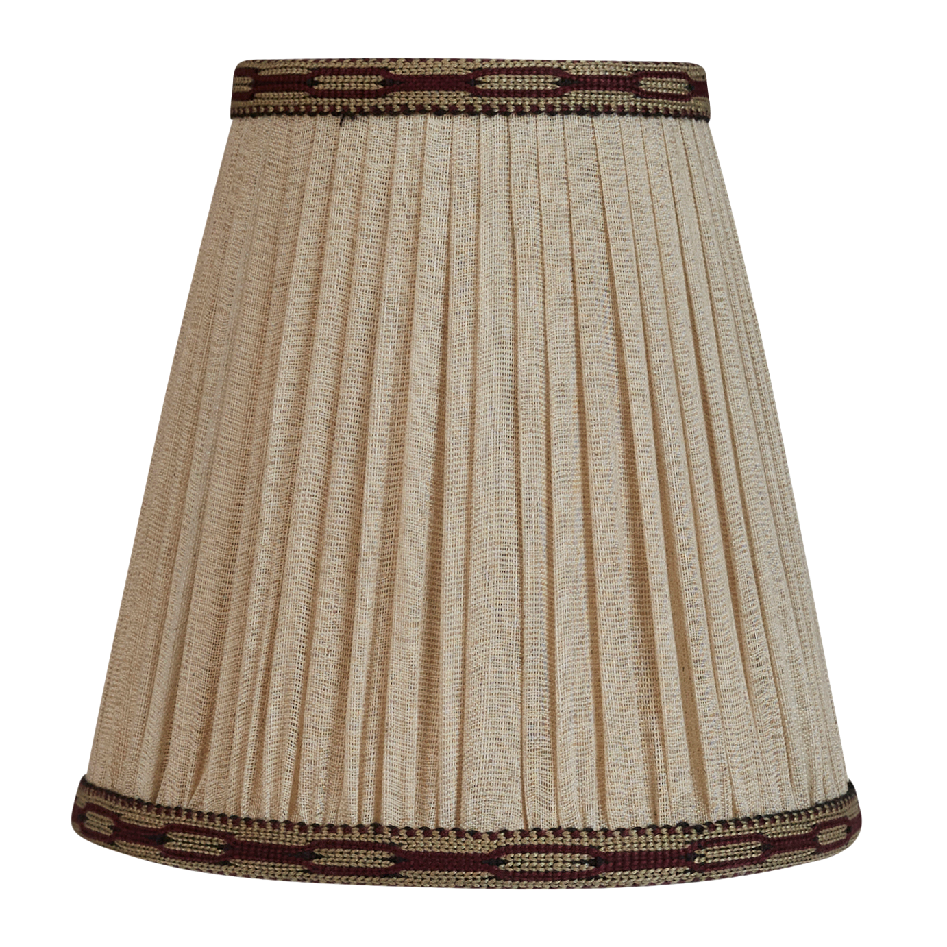 6 inch (15 cm) Pair of Cone shape gathered linen voile clip on shades with dark red embroidered trim