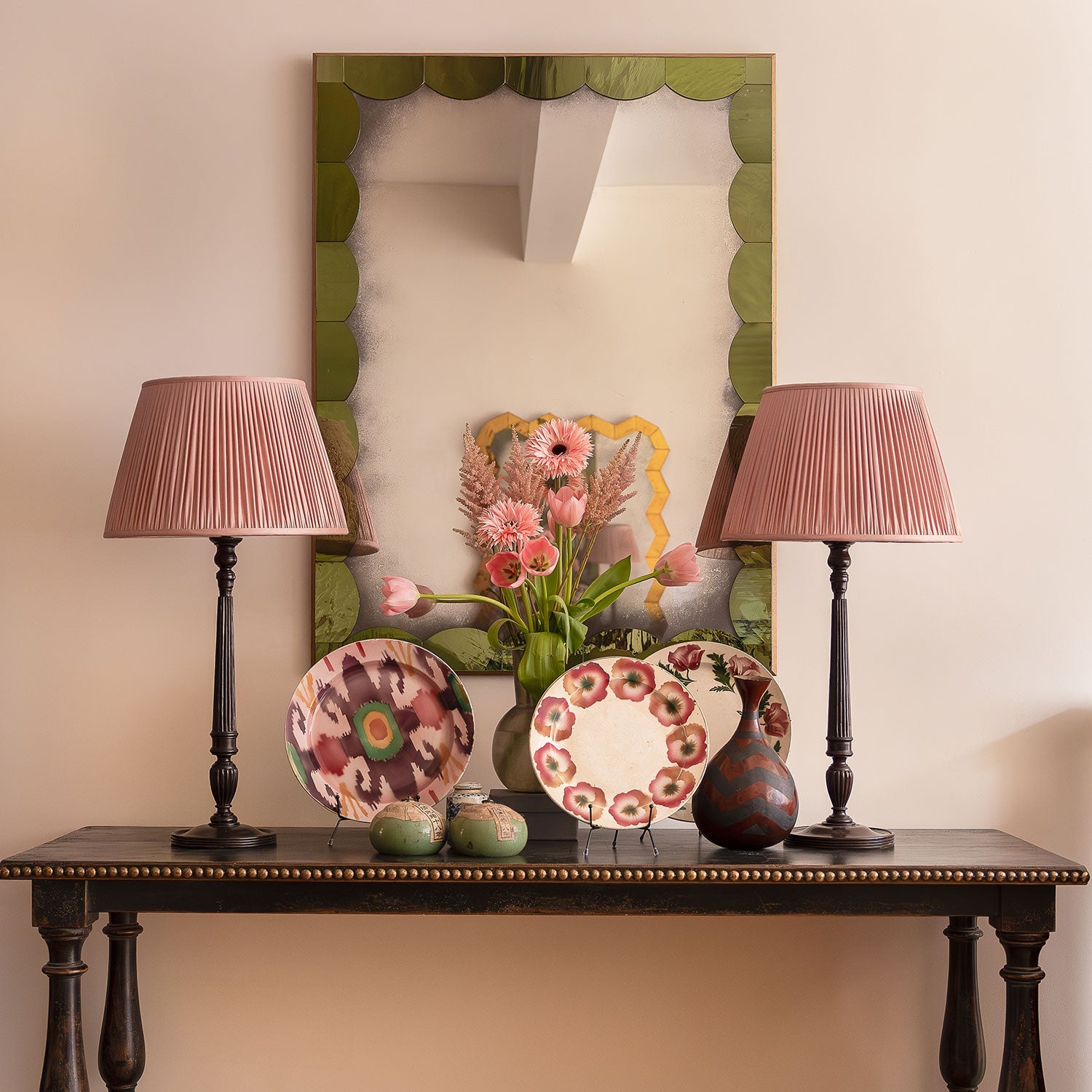 16 Inch Dusky pink Tussar silk lampshade with spider fitting