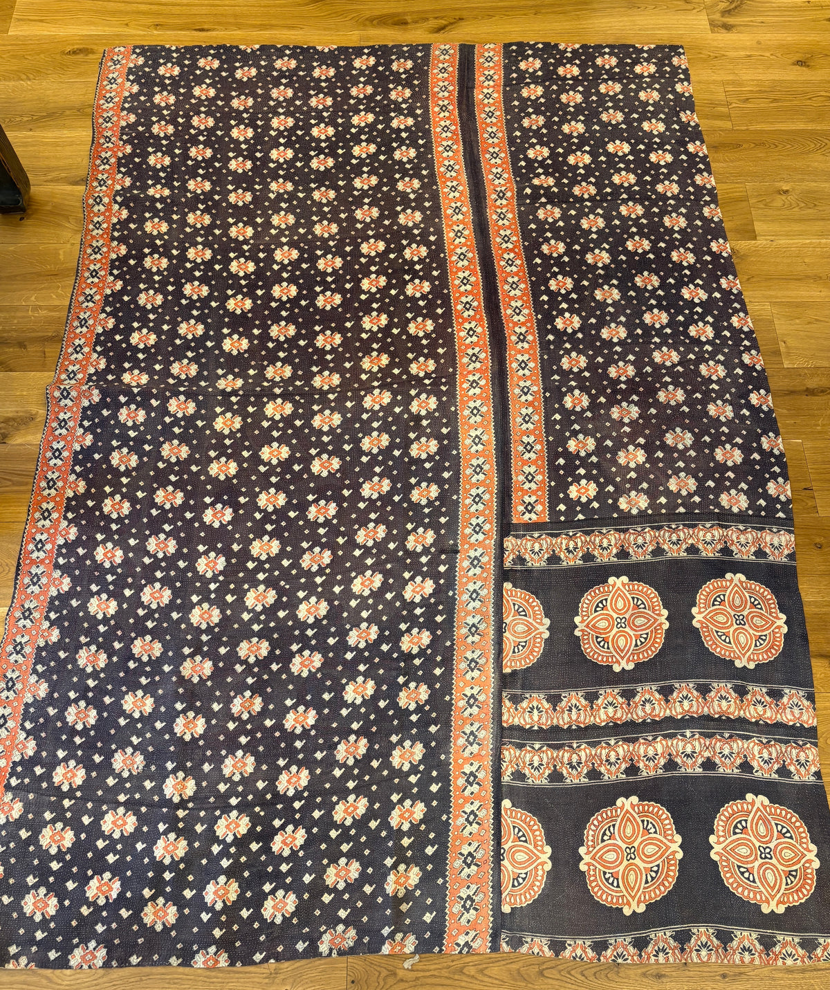 Hand-stitched Kantha throw -  Dark brown and pink on one side