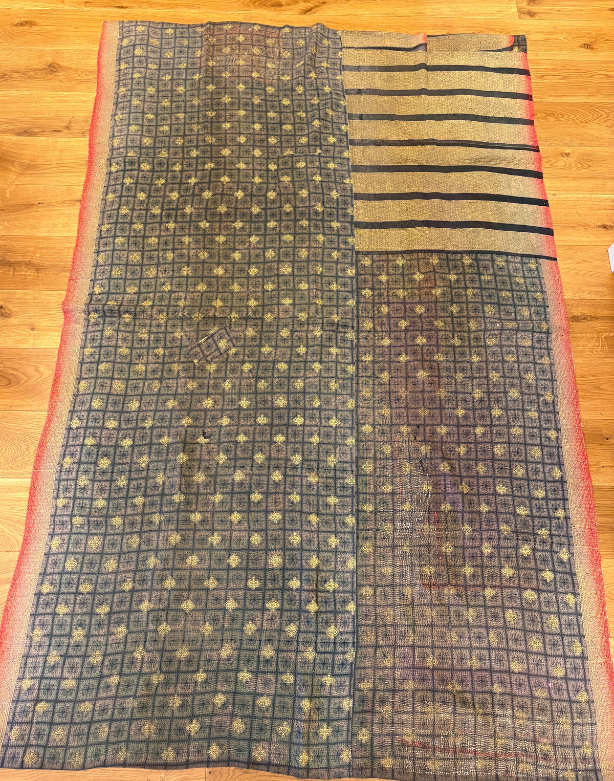 Hand-stitched Kantha throw -  Dark blue/green and gold on one side