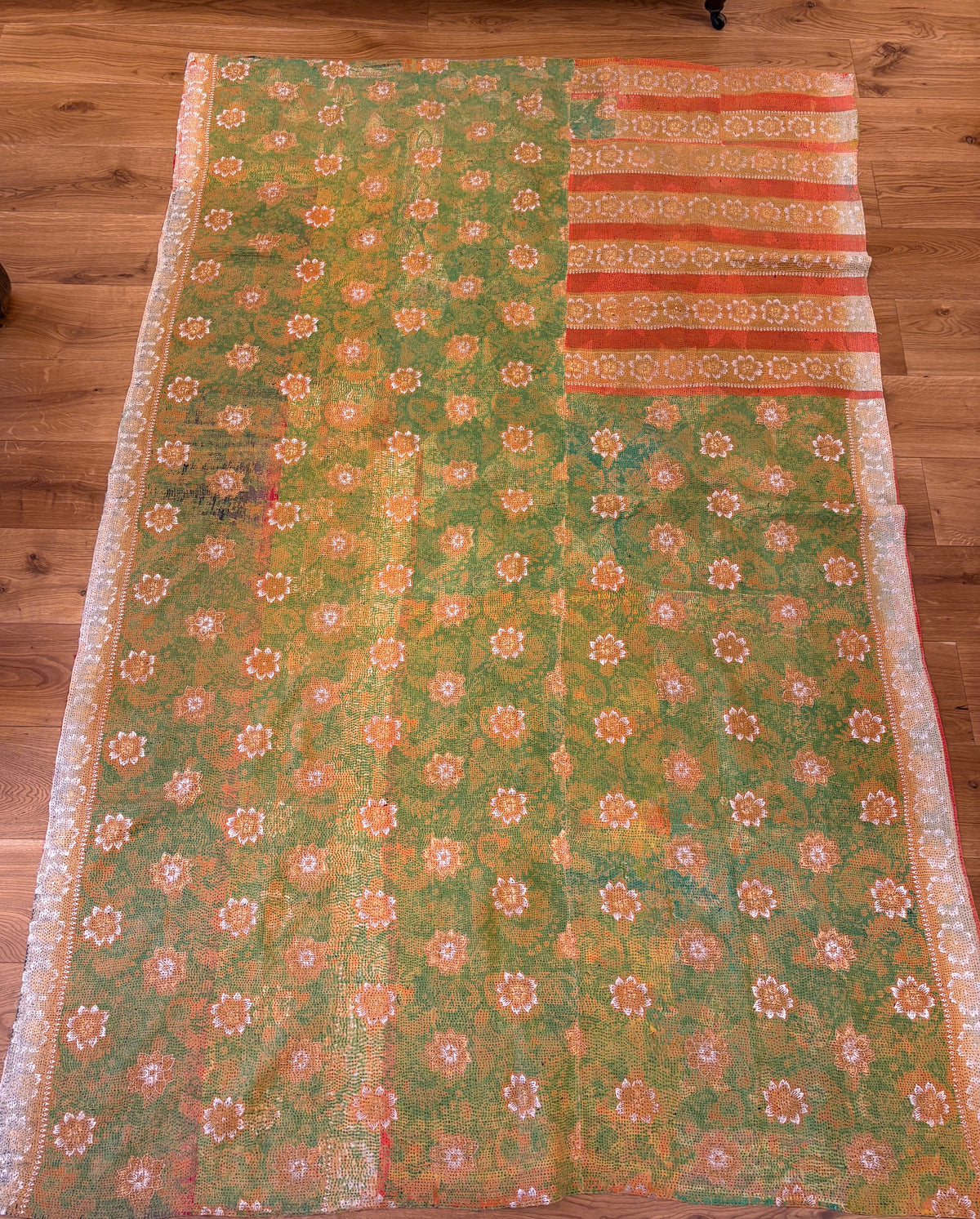 Hand-stitched Kantha throw -  Dark blue/green and gold on one side