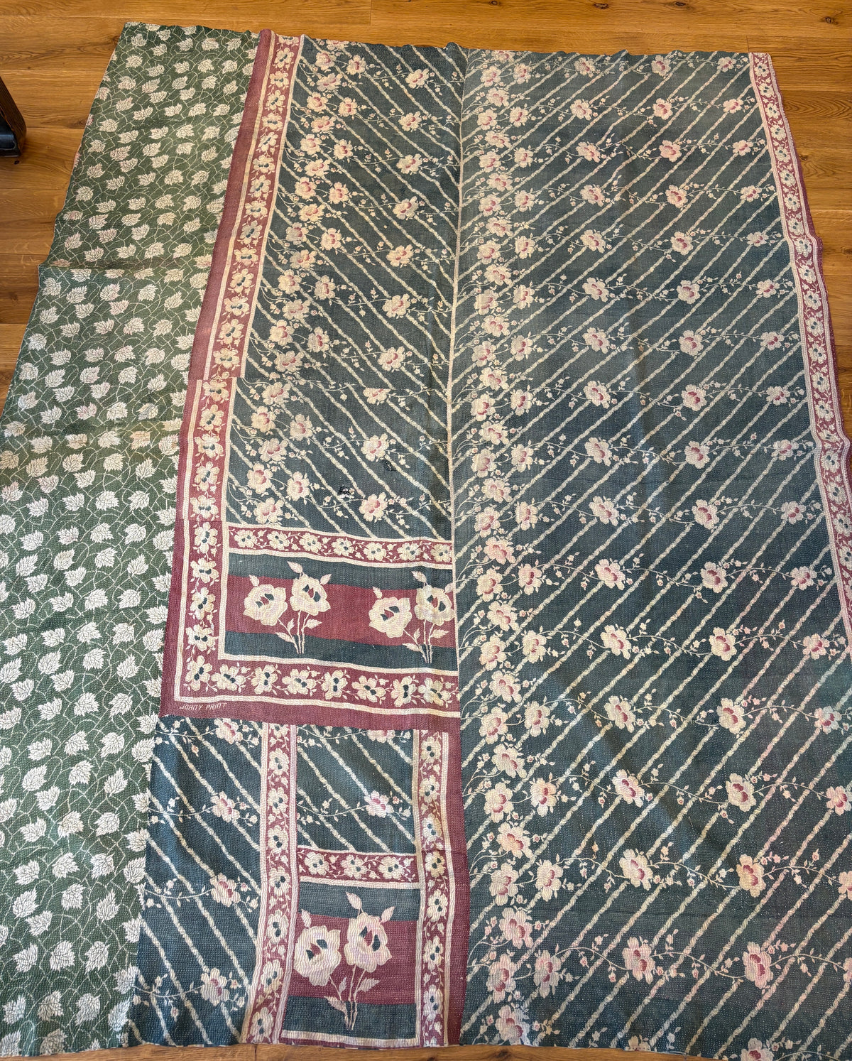 Hand-stitched Kantha throw -  Green and lilac floral on one side