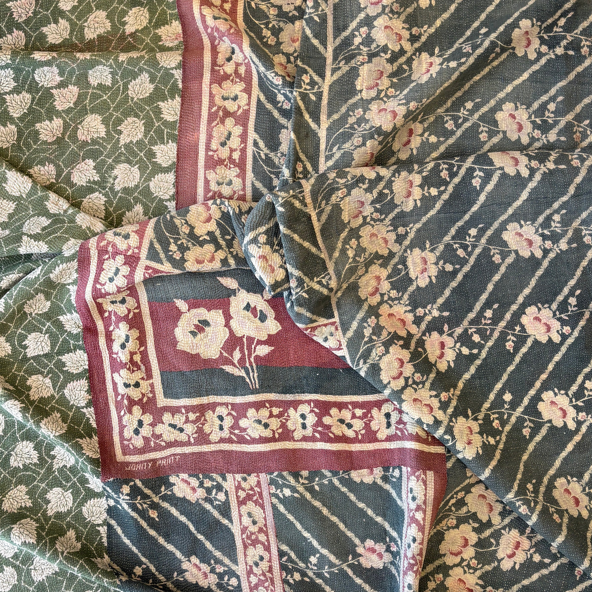 Hand-stitched Kantha throw -  Green and lilac floral on one side