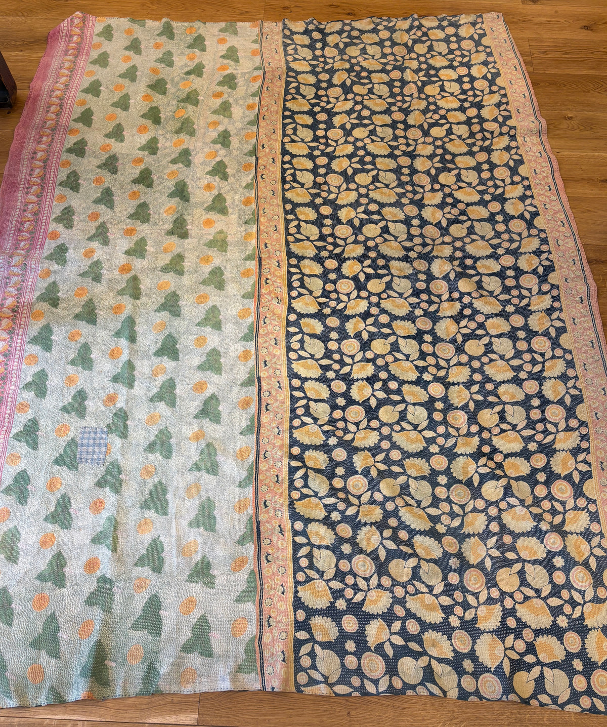 Hand-stitched Kantha throw -  Green and lilac floral on one side