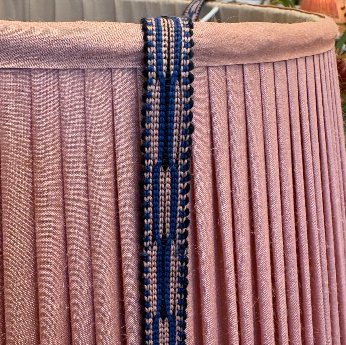 18 Inch Dusky pink Tussar silk lampshade with pink/black cotton embroidered braid to top base  only