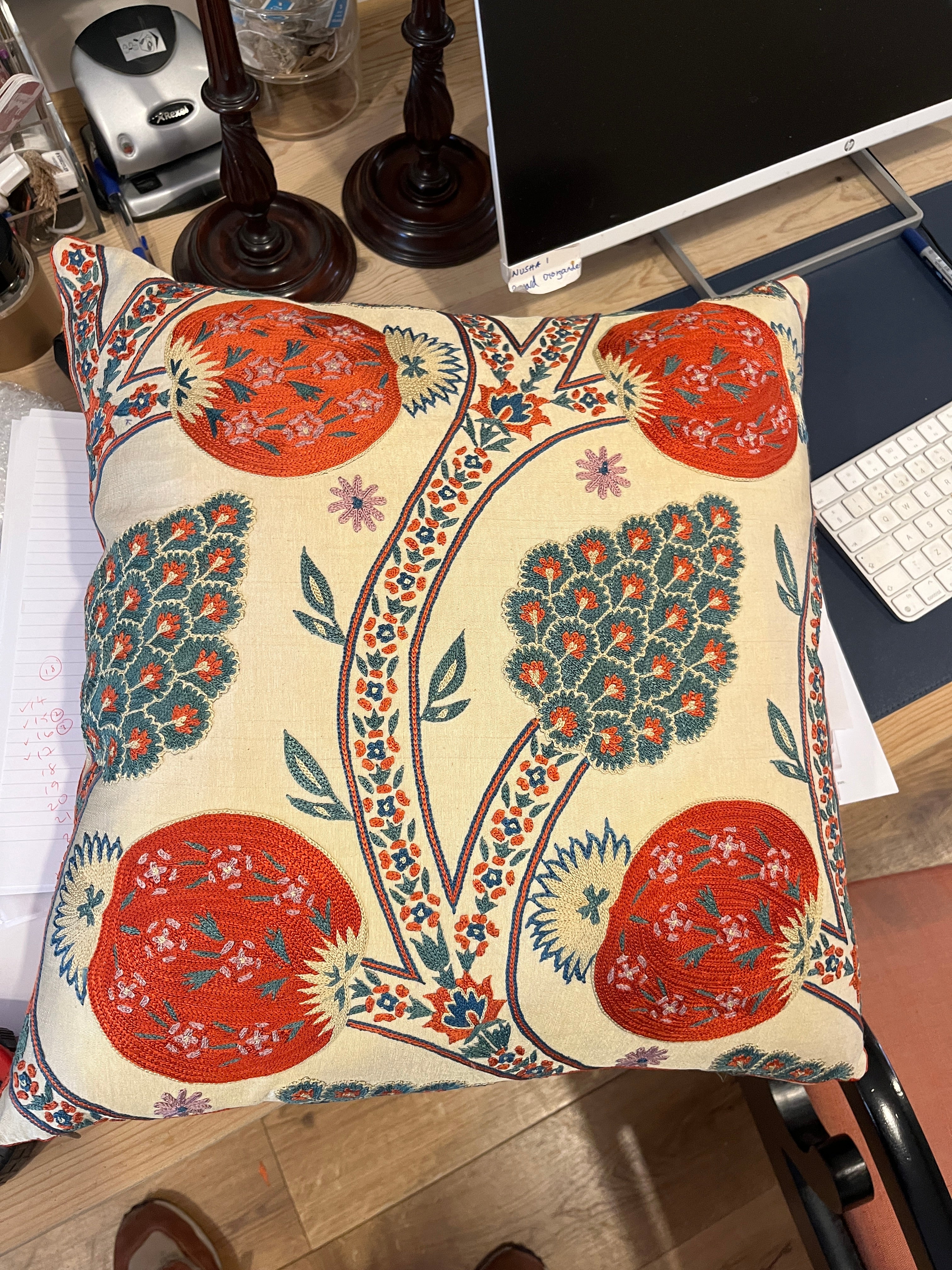 Square floral silk suzani embroidered cushion