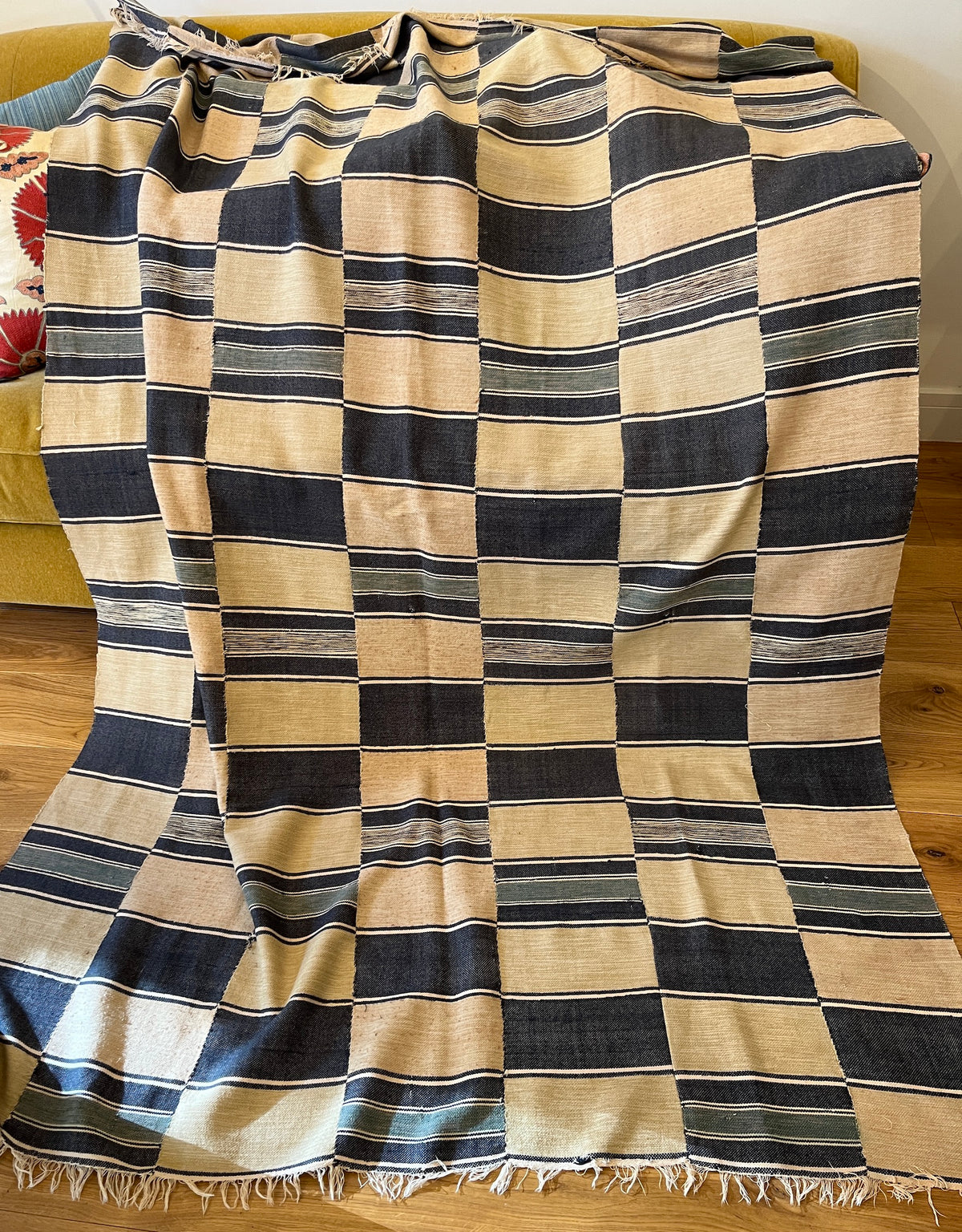 Vintage  African cotton camel and blue checker design woven textile