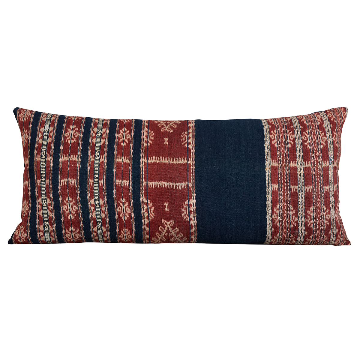 Long rectangular vintage woven cotton Indonesian ikat and indigo cushion
