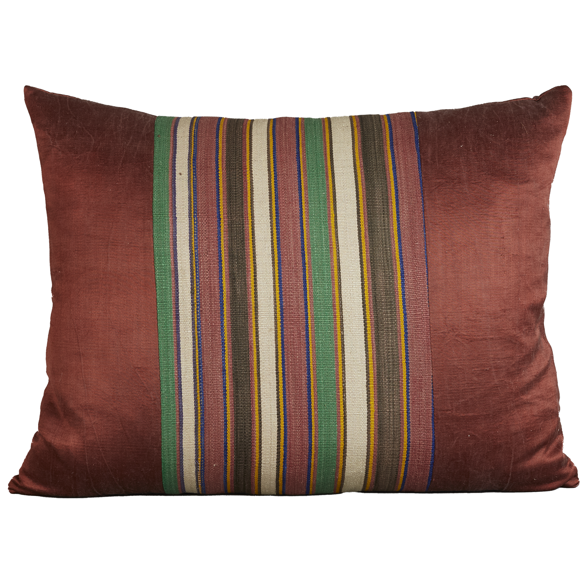 Silk Jajim Cushion/ pillow - Aubergine multicolured stripe cushion with green and cream in the stripe