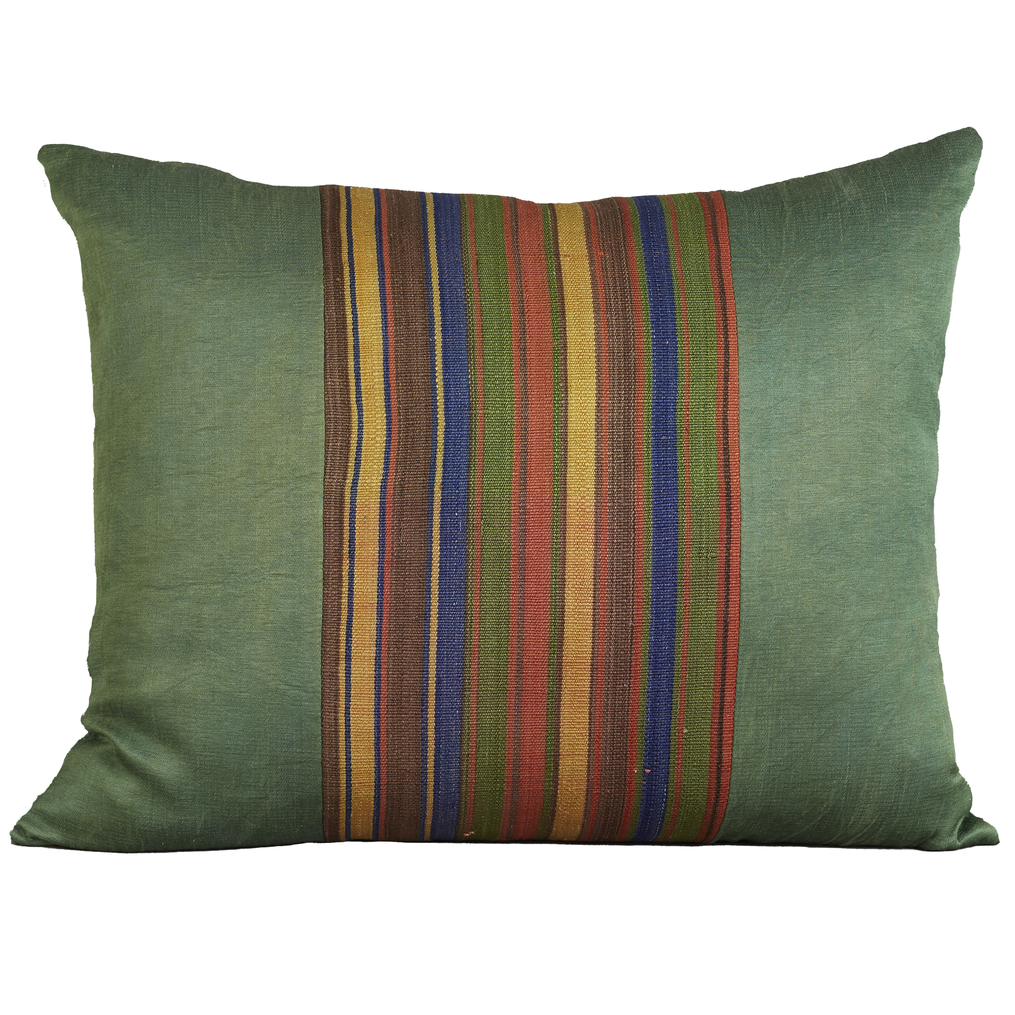 Silk Jajim Cushion/ pillow - Forest green multicoloured stripe cushion with lavender and yellow in the stripe