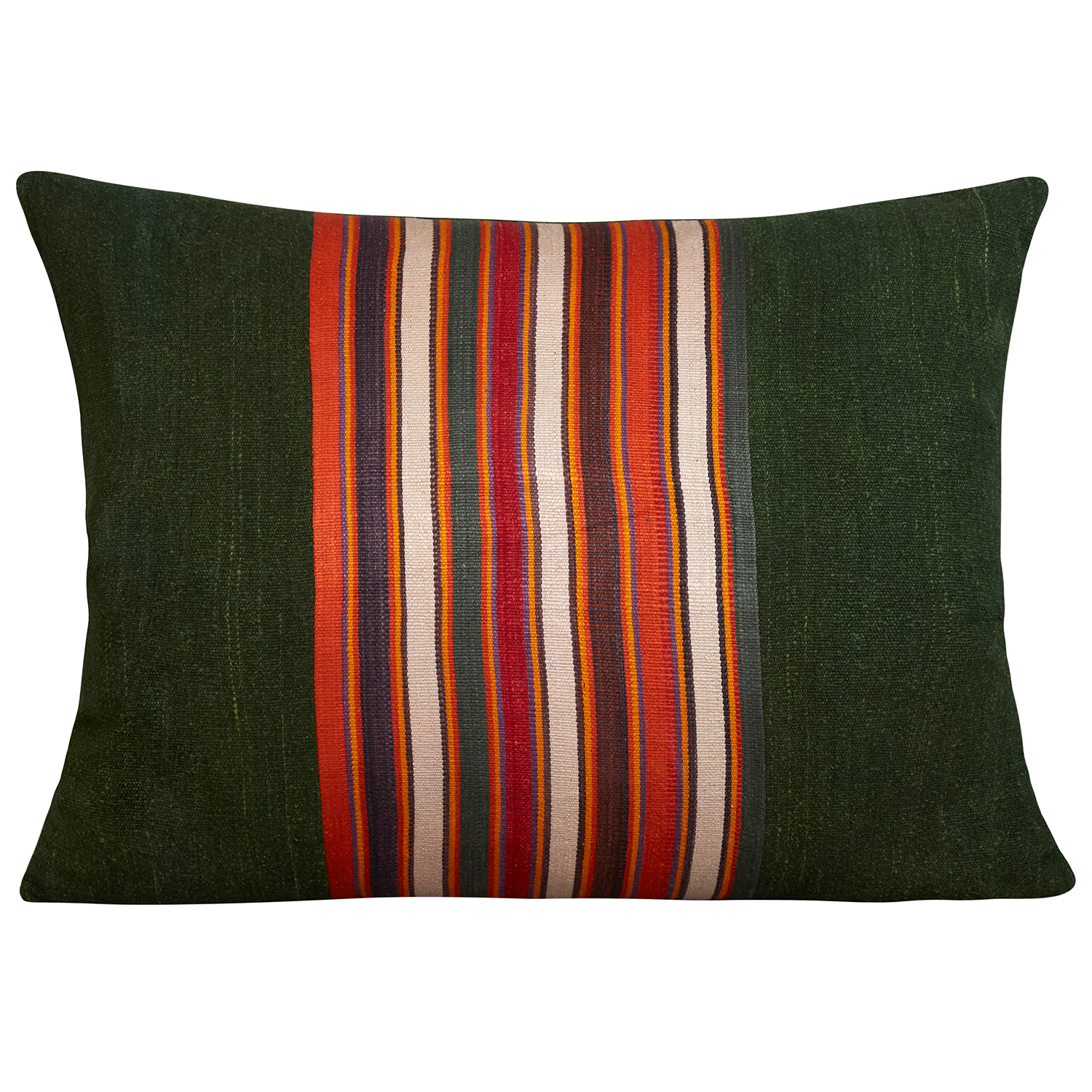 Silk Jajim Cushion/ pillow - Forest green with orange/ecru and red stripe