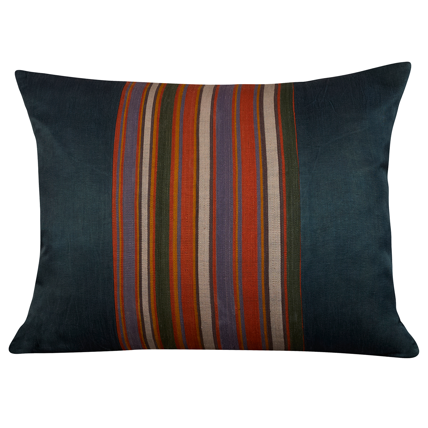 Silk Jajim Cushion/ pillow - Deep indigo with multicolour and orange stripe
