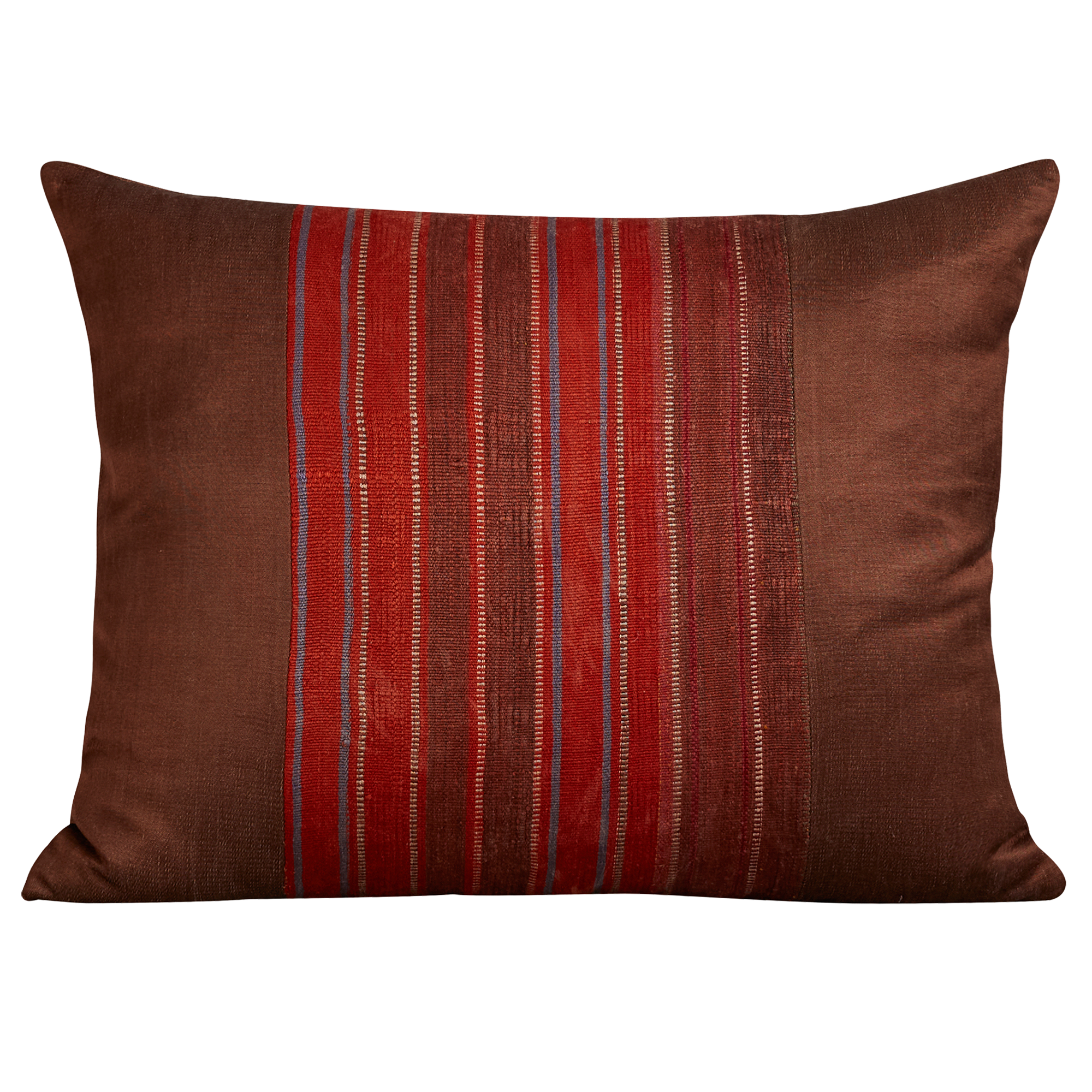 Silk Jajim cushion - Red/aubergine stripe on chocolate brown silk