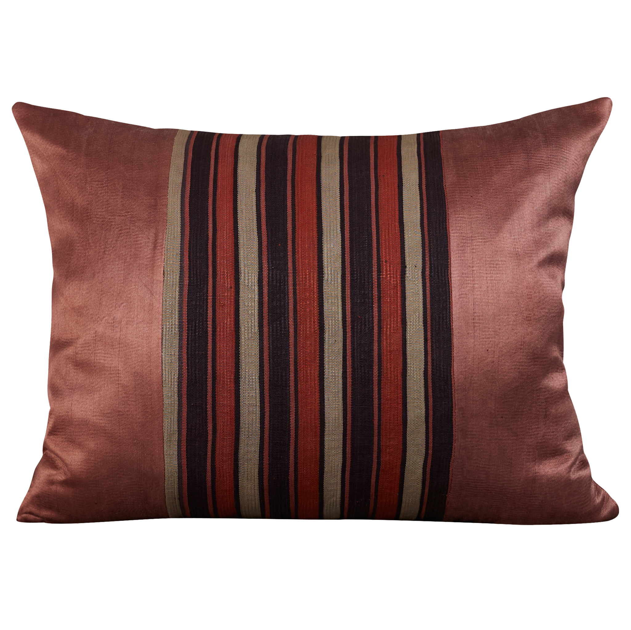 Silk Jajim cushion - Terracotta/ecru and grey stripe on aubergine silk