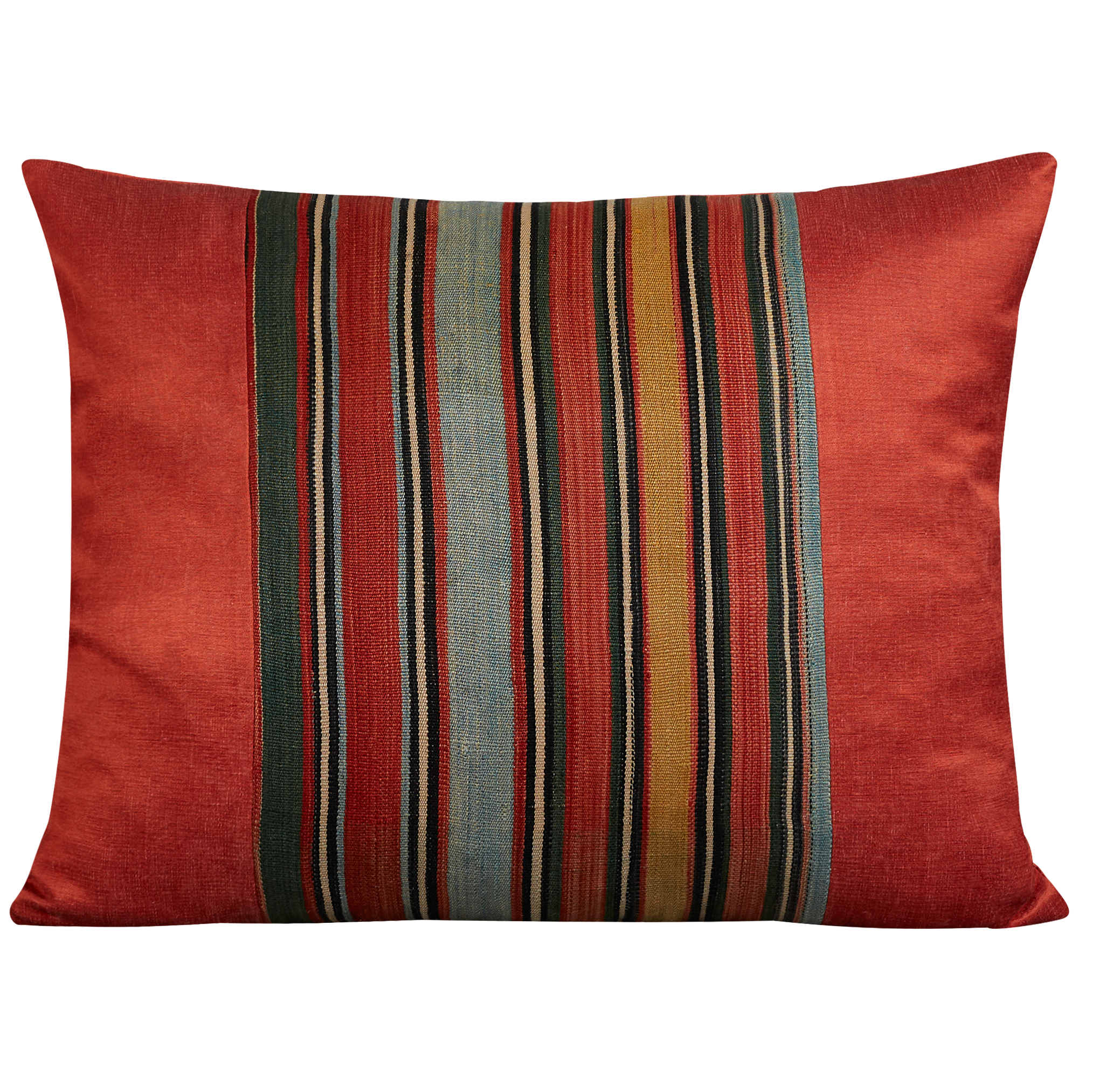 Silk Jajim cushion - Red/yellow and pale blue stripe on deep red silk