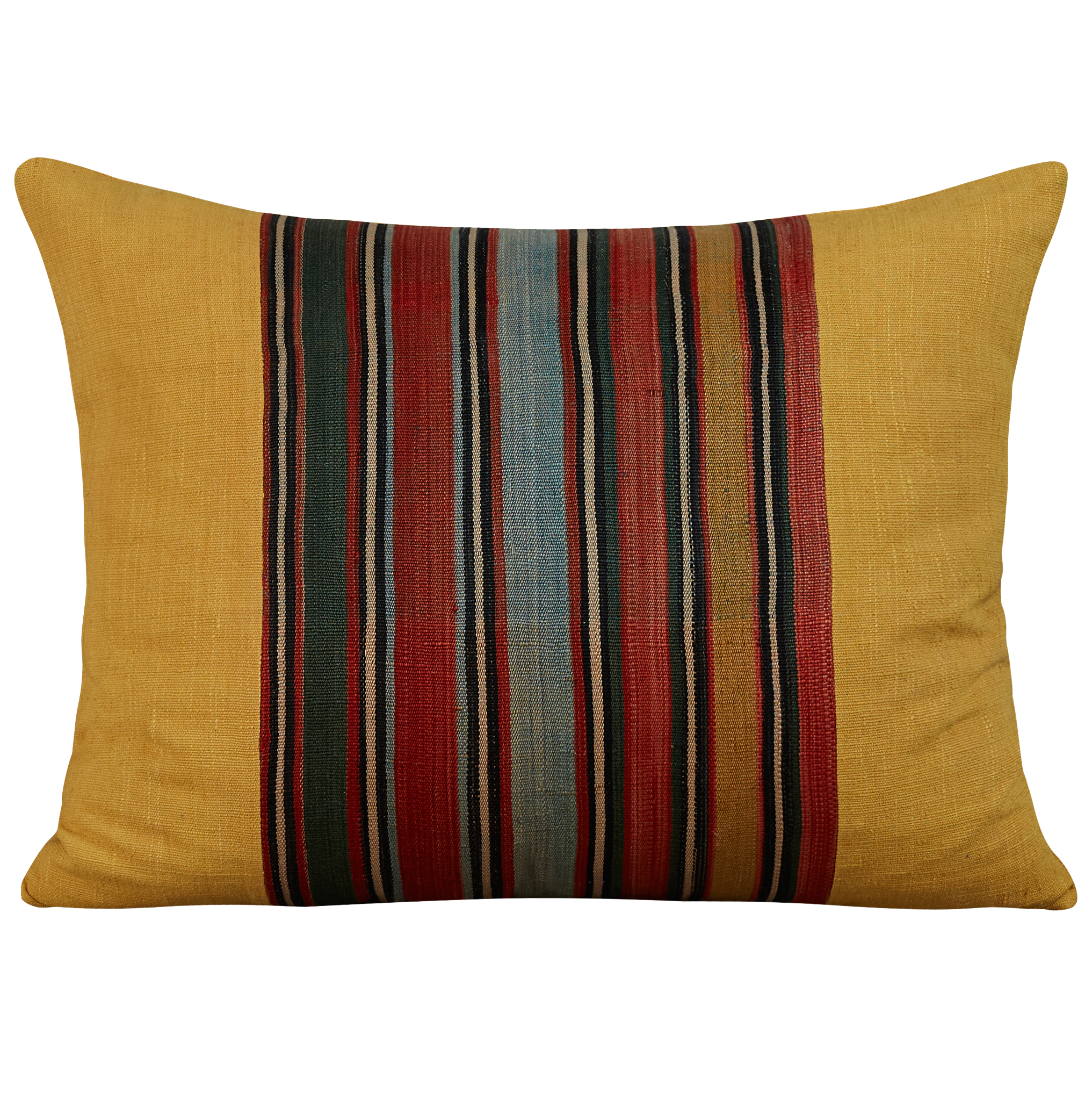 Silk Jajim cushion - Terracotta/green and pale blue stripe on yellow silk