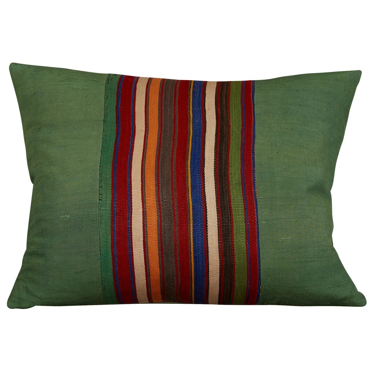 Silk Jajim cushion - Forest green with orange/red and royal blue stripe on raw plain silk