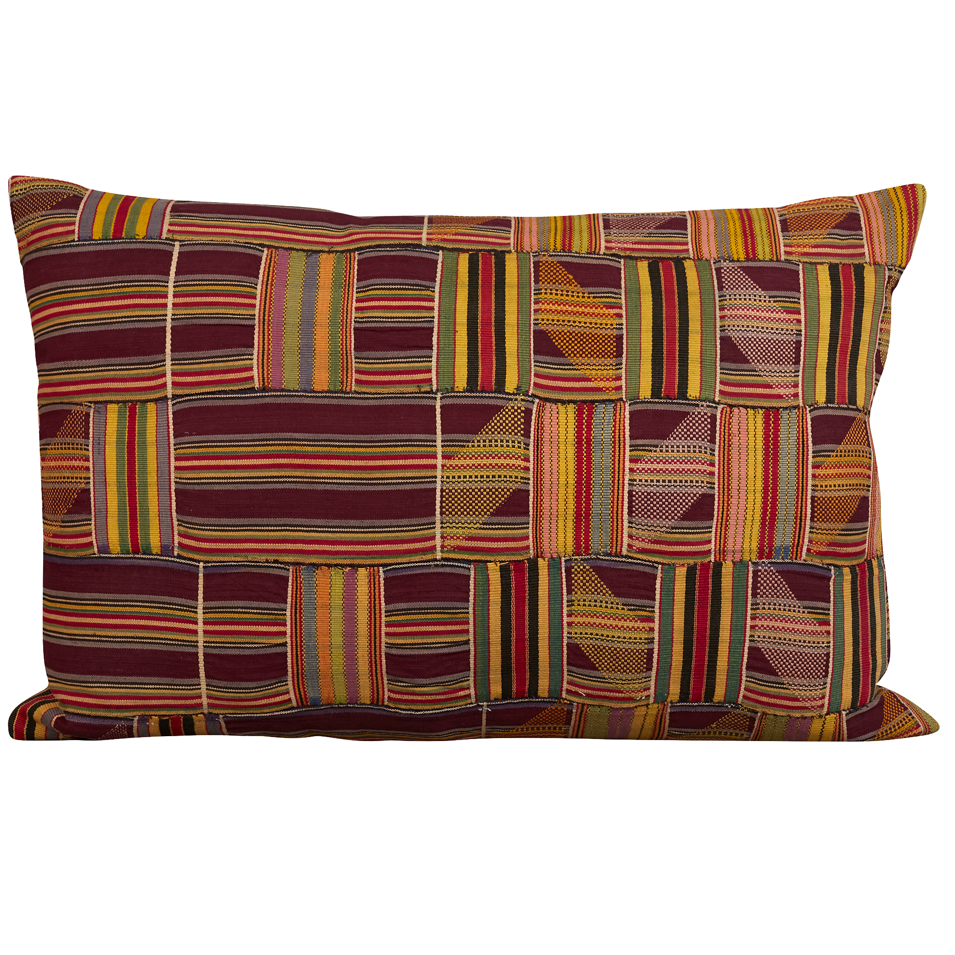 Rectangular vintage Kente cloth African cushion - Burgundy/yellow/lavender