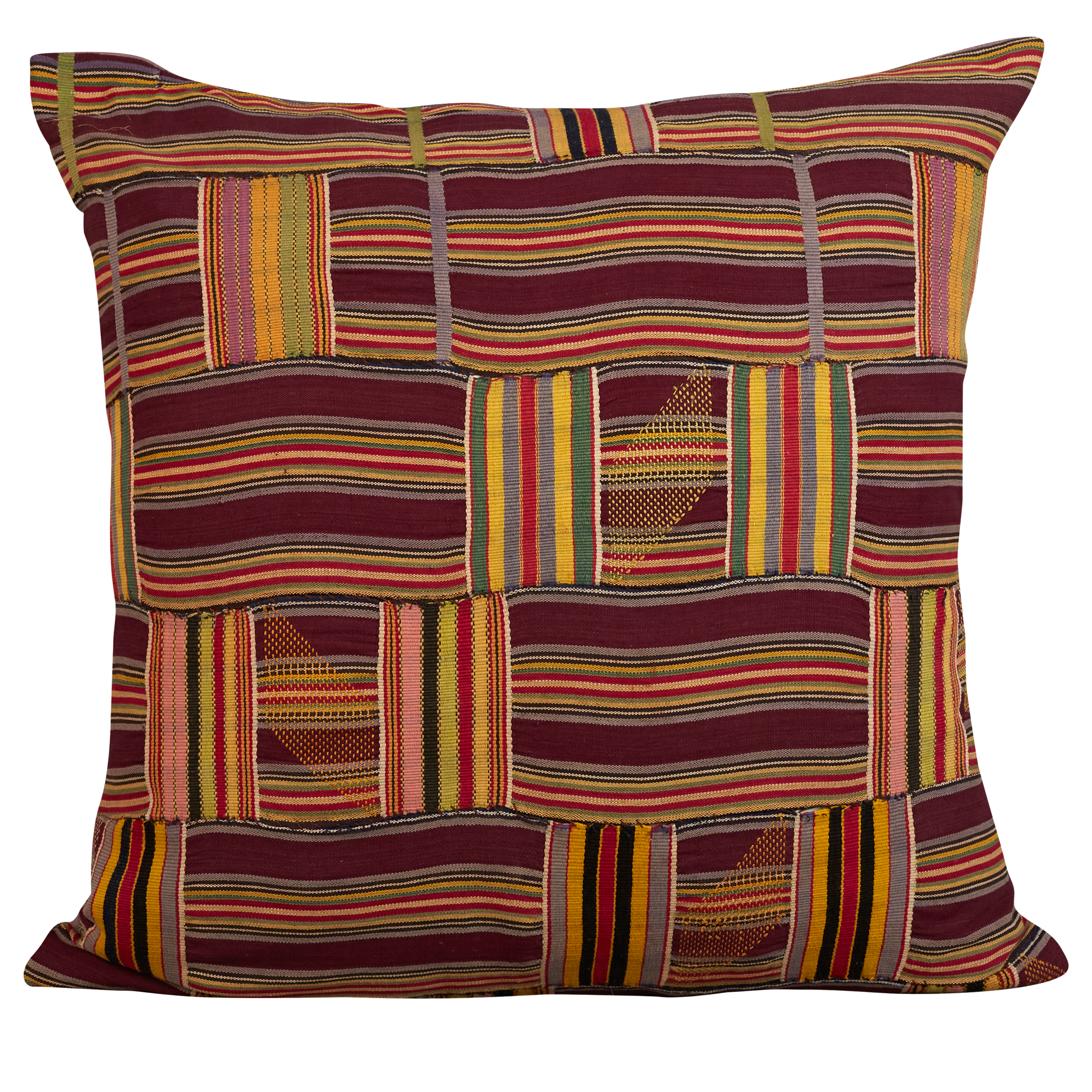 Square vintage Kente cloth African cushion - Burgundy/yellow/lavender