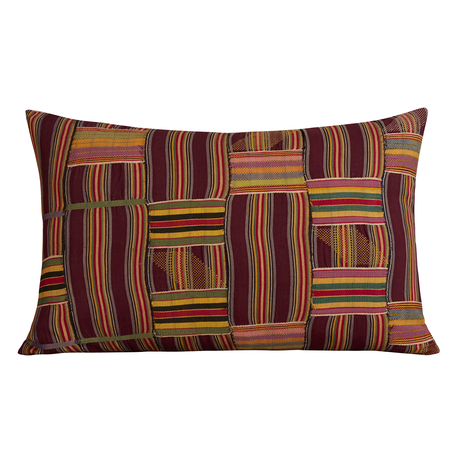 Small rectangular vintage Kente cloth African cushion - Burgundy/yellow/lavender