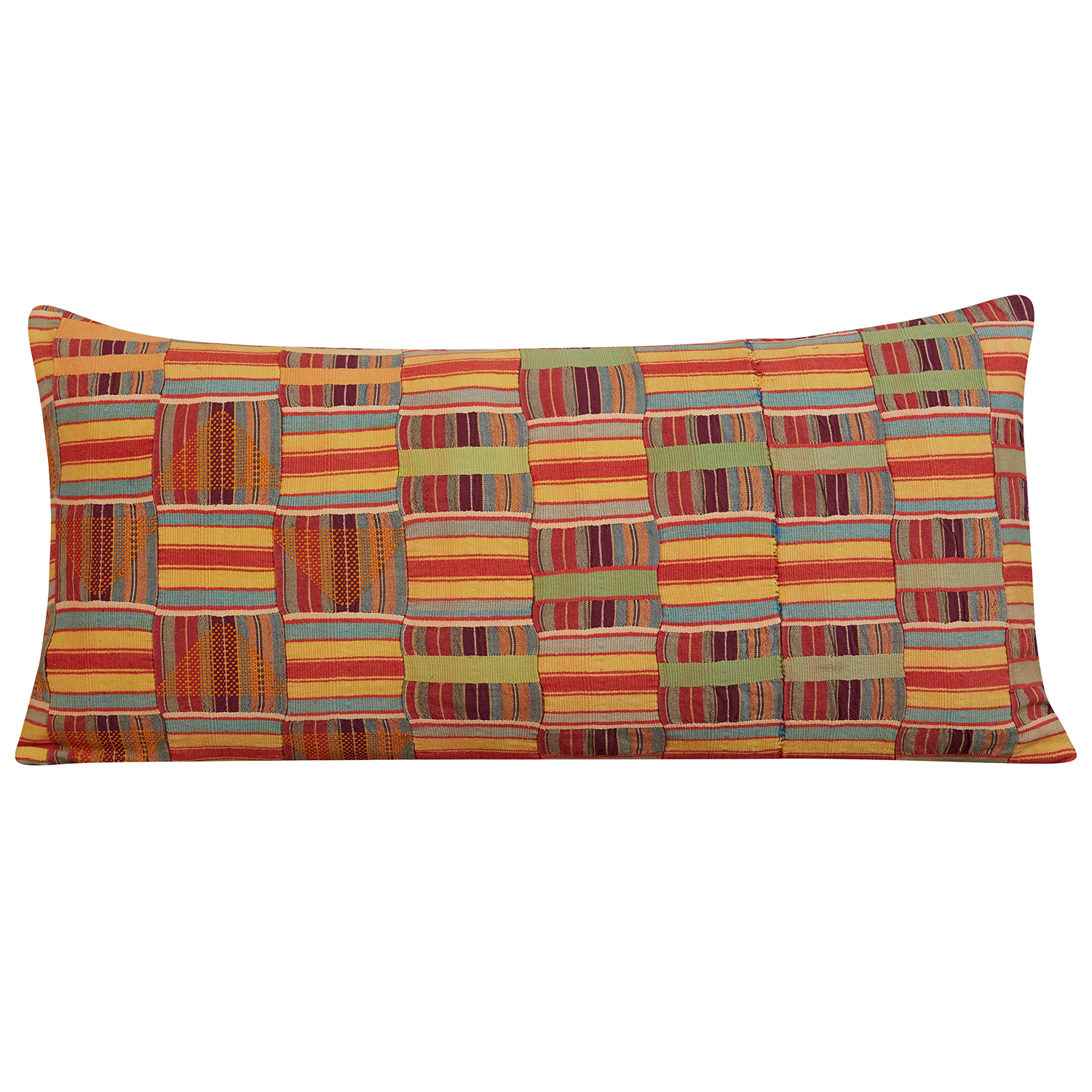 Long rectangular Kente cloth African cushion - Red/yellow and green