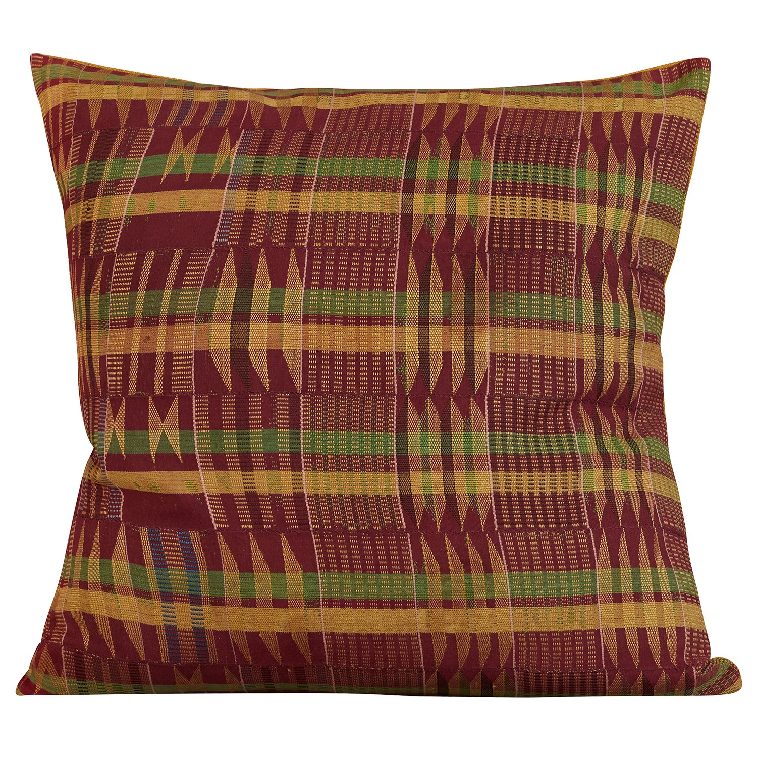 Square Kente cloth African cushion - Burgundy/yellow/green