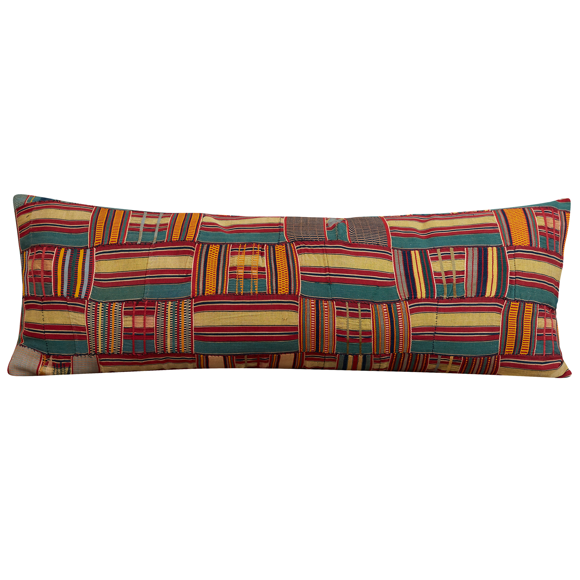 Long rectangular Kente cloth African cushion - Teal/red/yellow multicolour