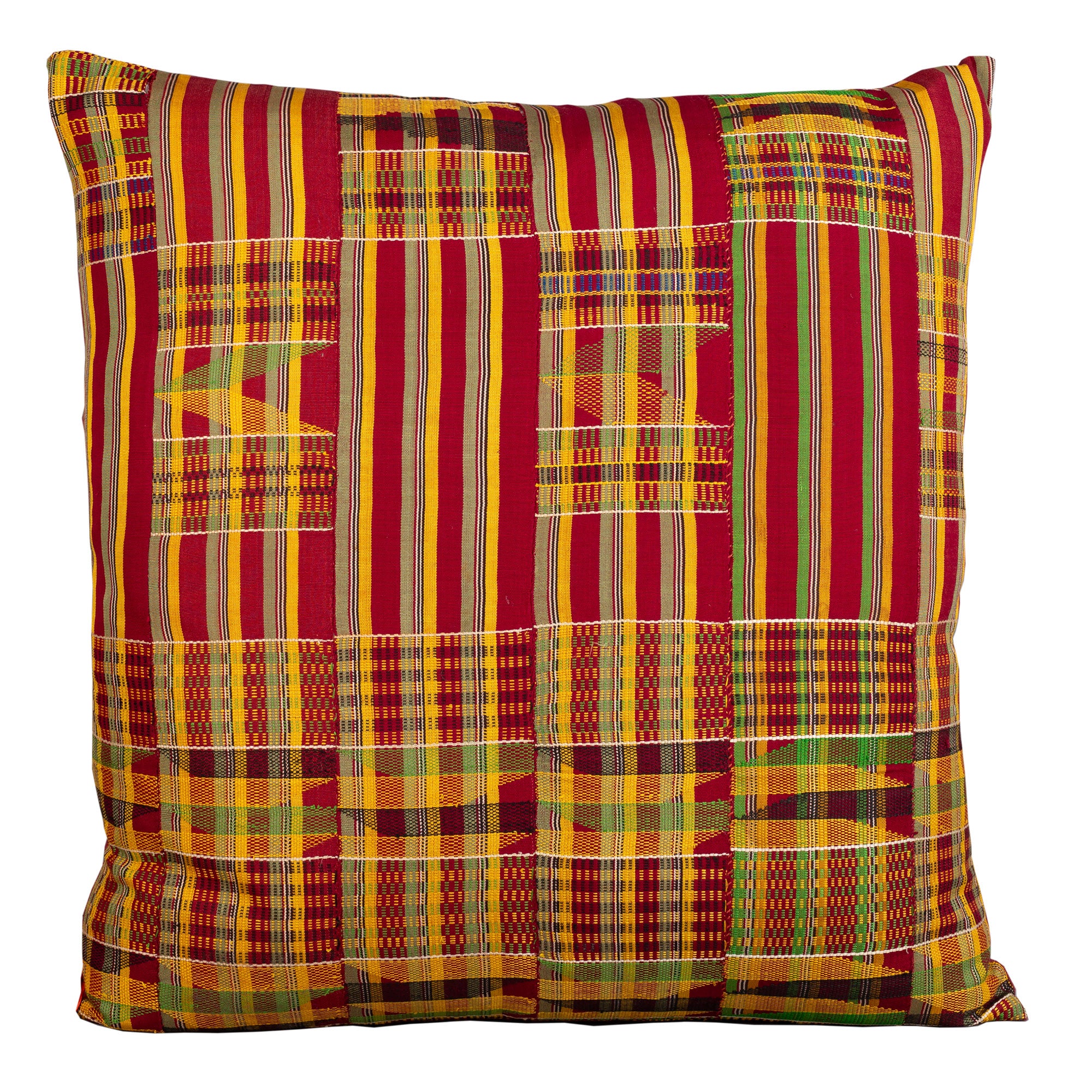 Kente cloth African cushion - Bordeaux with yellow/green