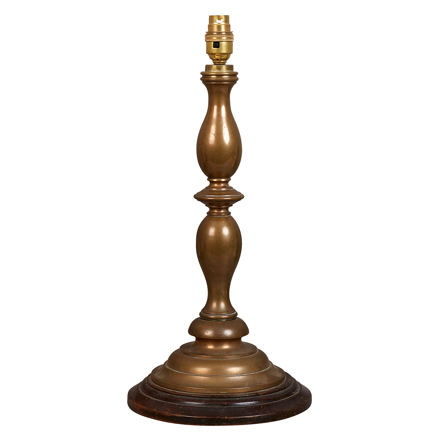 A mid 20th century brass table lamp on mahogany turned base