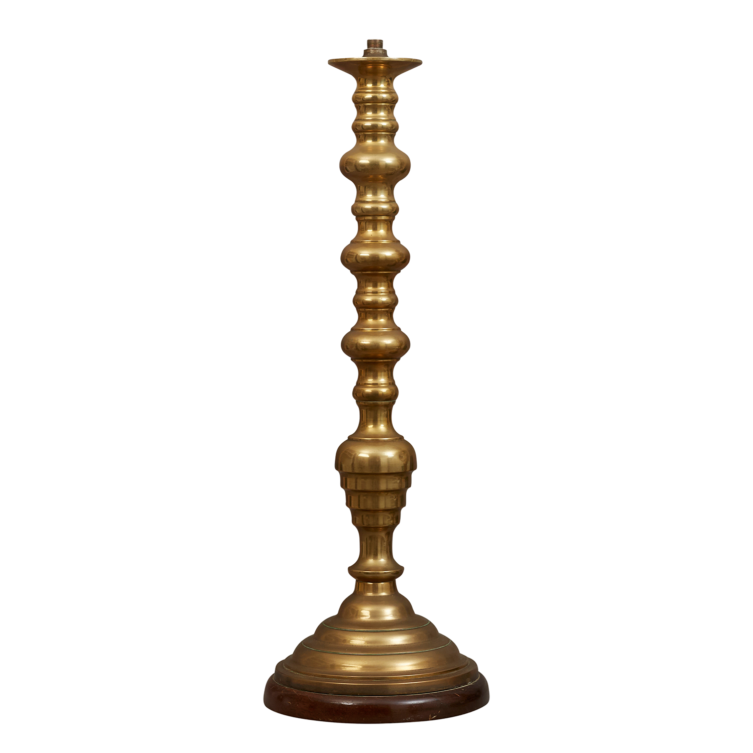 An early 20th century turned brass table lamp on turned mahogany base