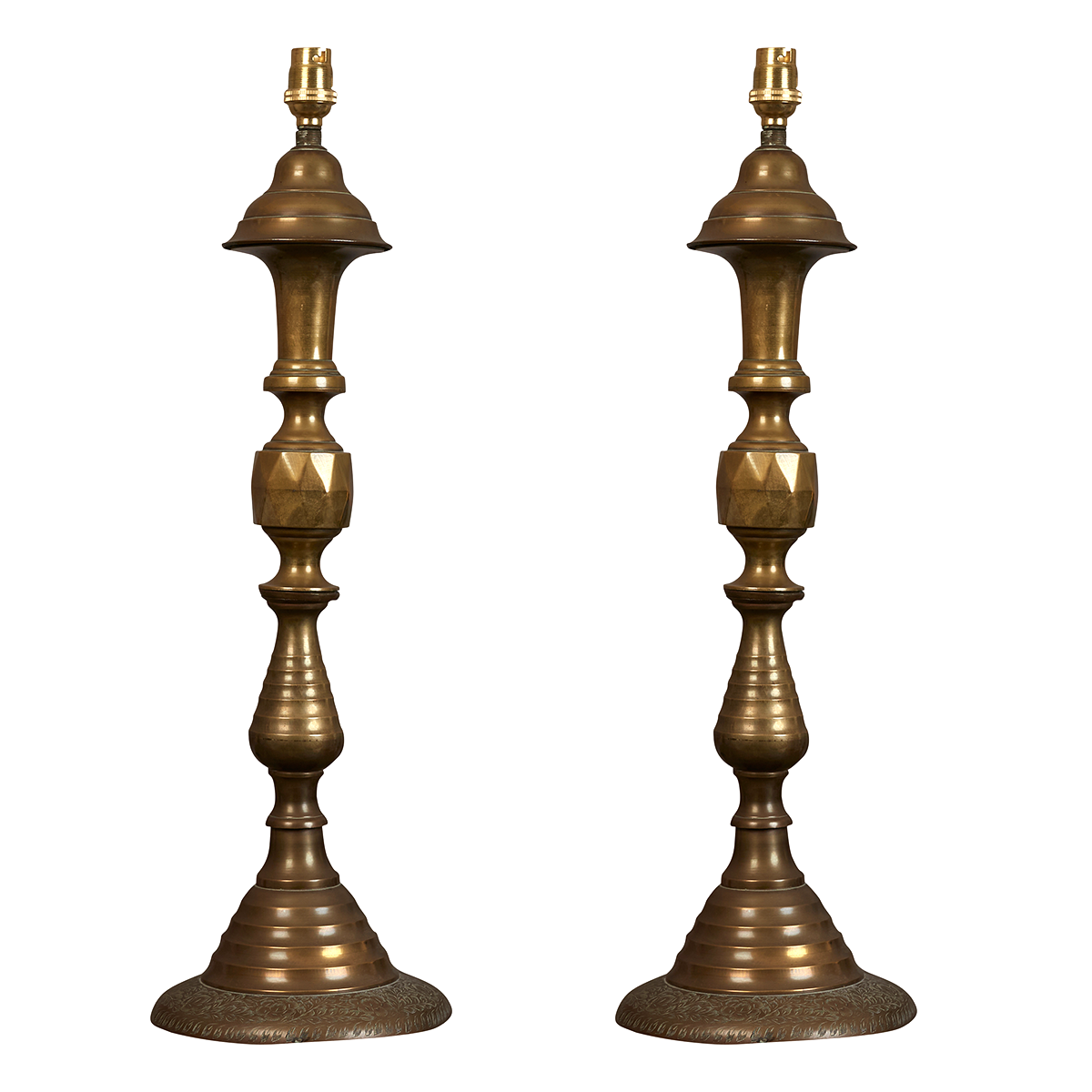 A pair of early 20th century brass table lamps, electrified