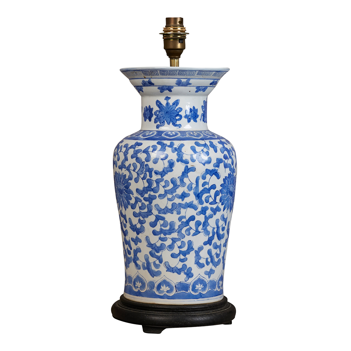 A mid century blue and white Chinese ceramic table lamp, not electrified