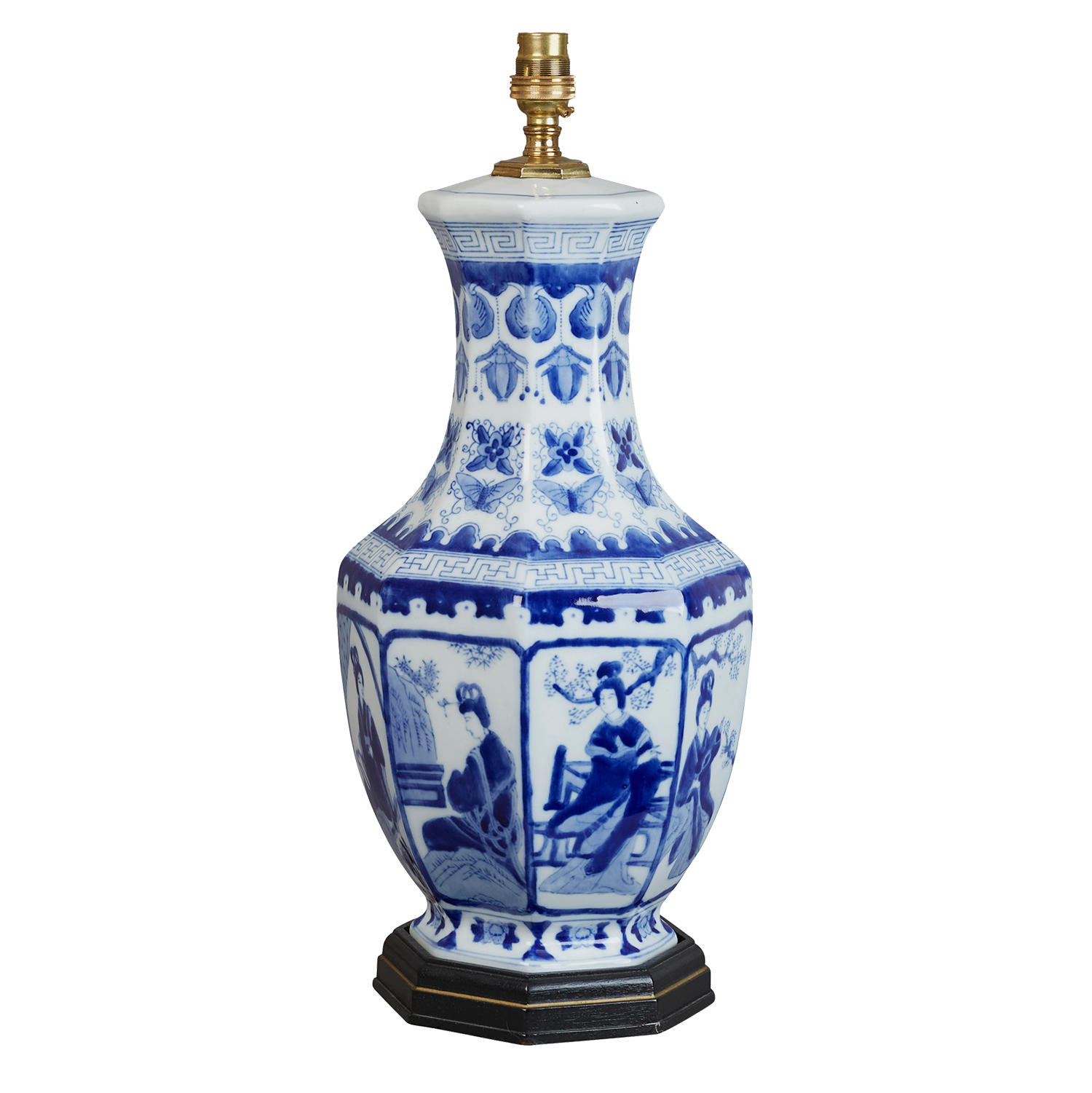 A Chinese style blue and white glazed ceramic table lamp of baluster form