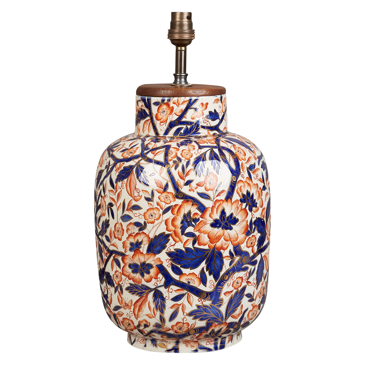 A 20th century glazed lamp richly decorated with cobalt blue and terracotta florals on an ivory ground