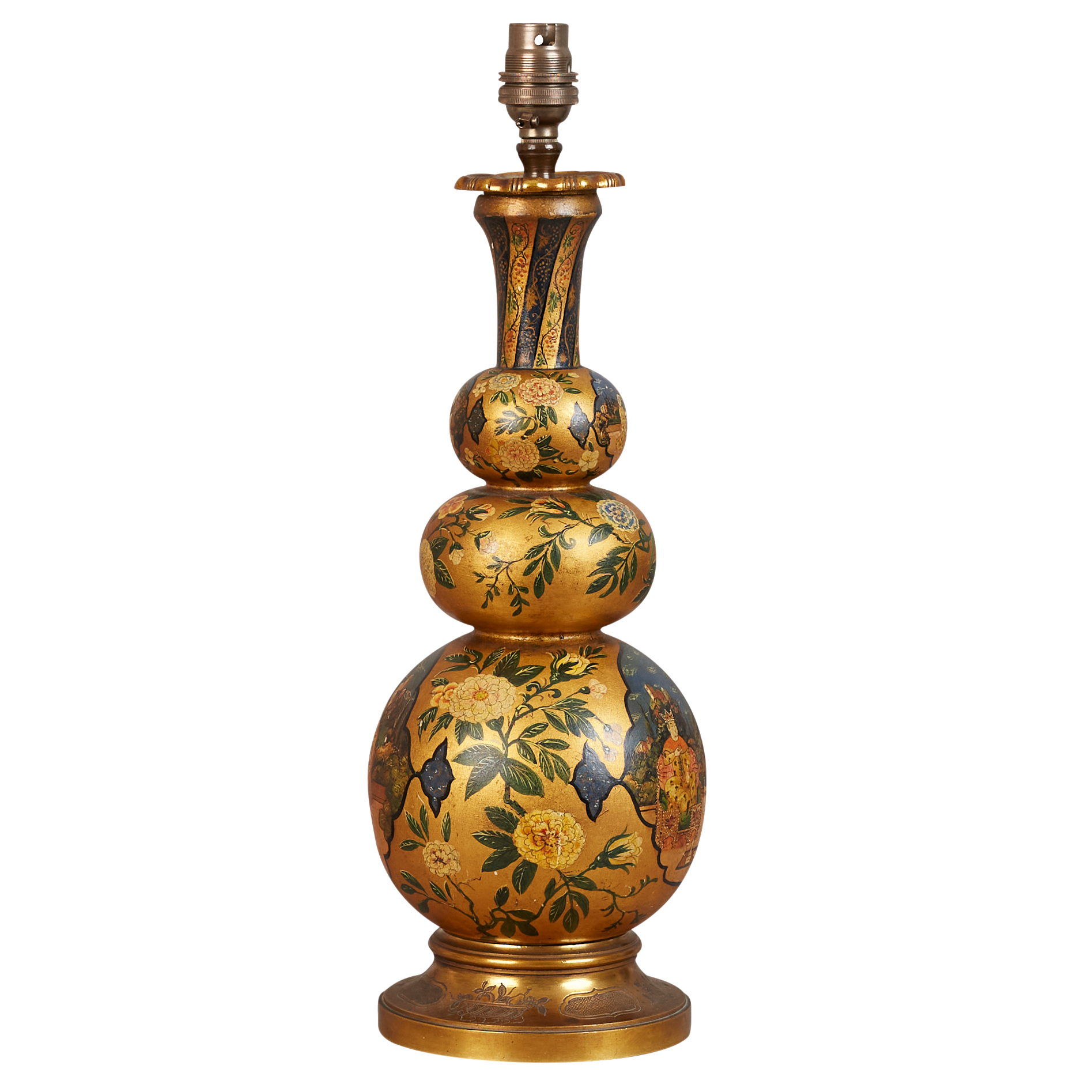 A mid 20th century decorative Indian lamp base of triple gourd form