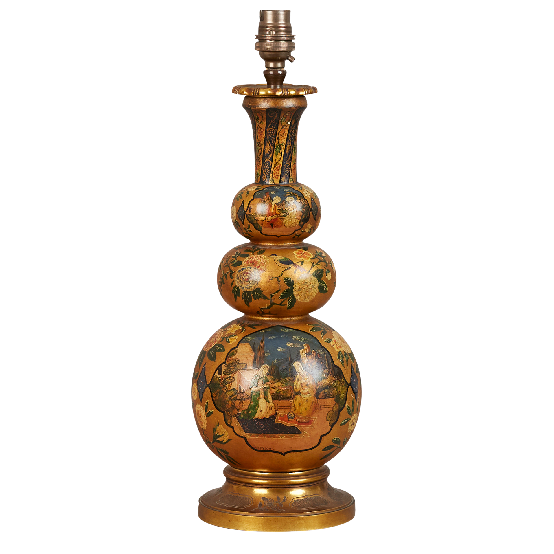 A mid 20th century decorative Indian lamp base of triple gourd form