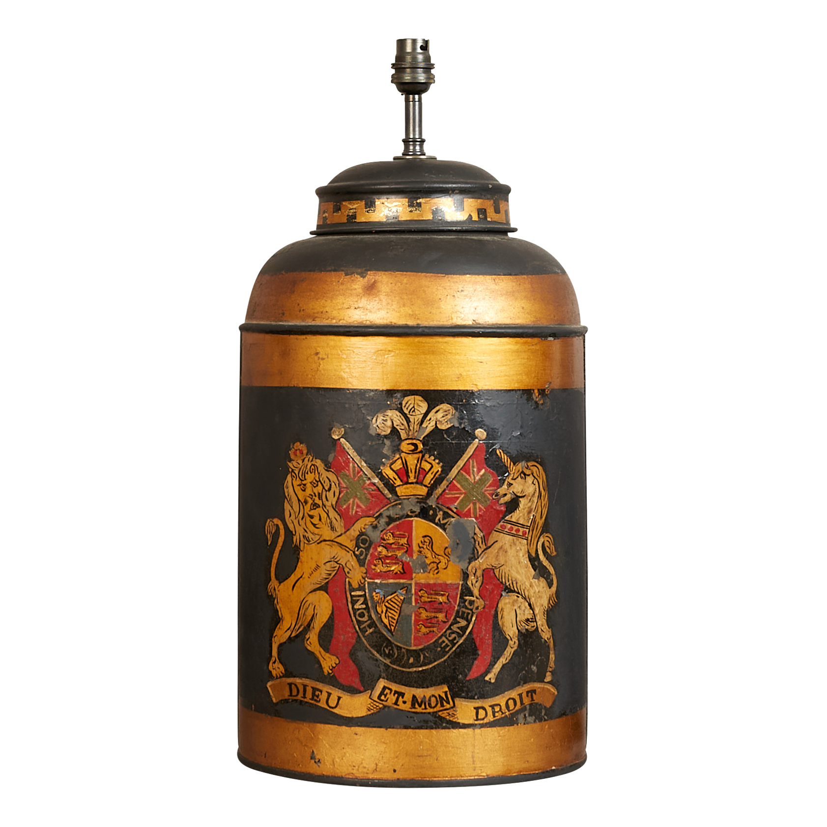 A toleware decorated canister table lamp, electrified