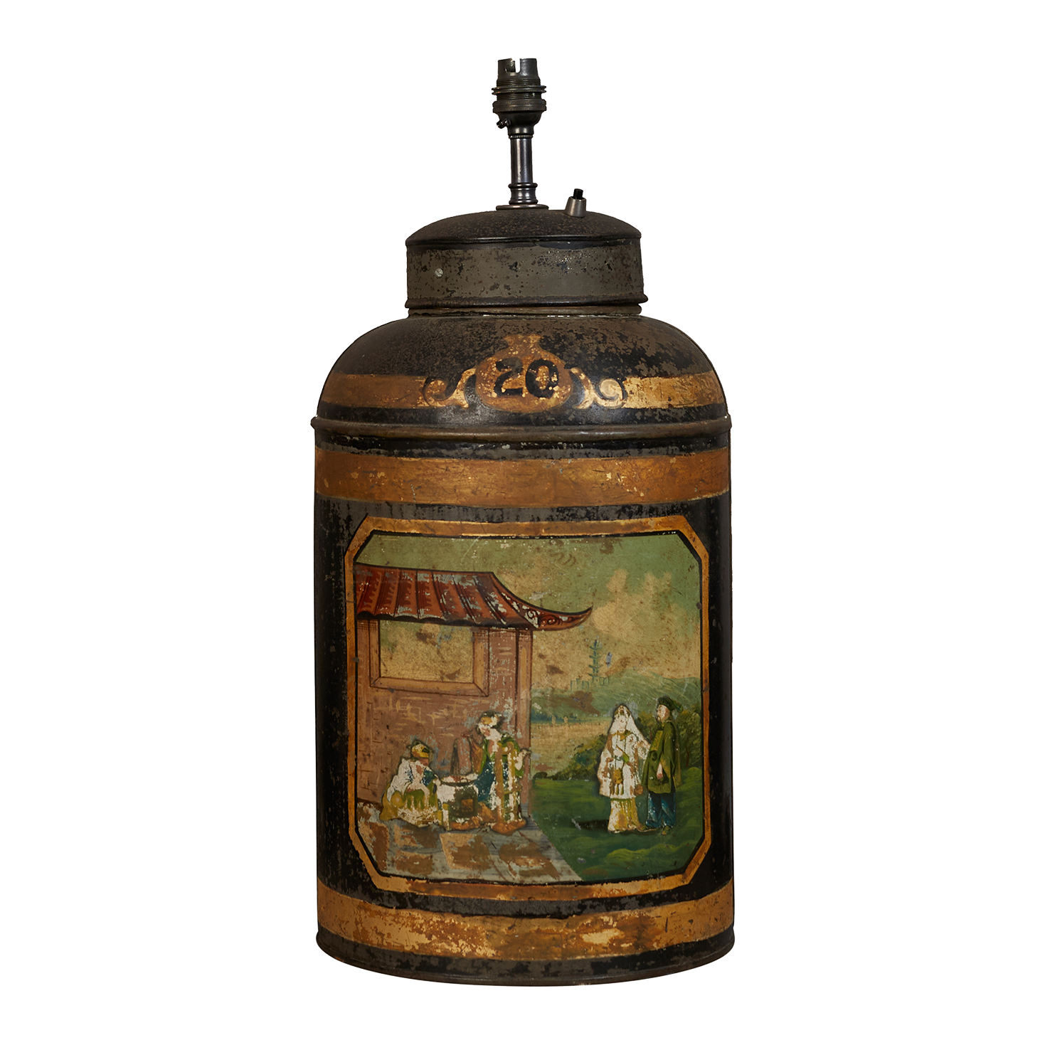 A mid 20th century toleware decorated canister table lamp, electrified