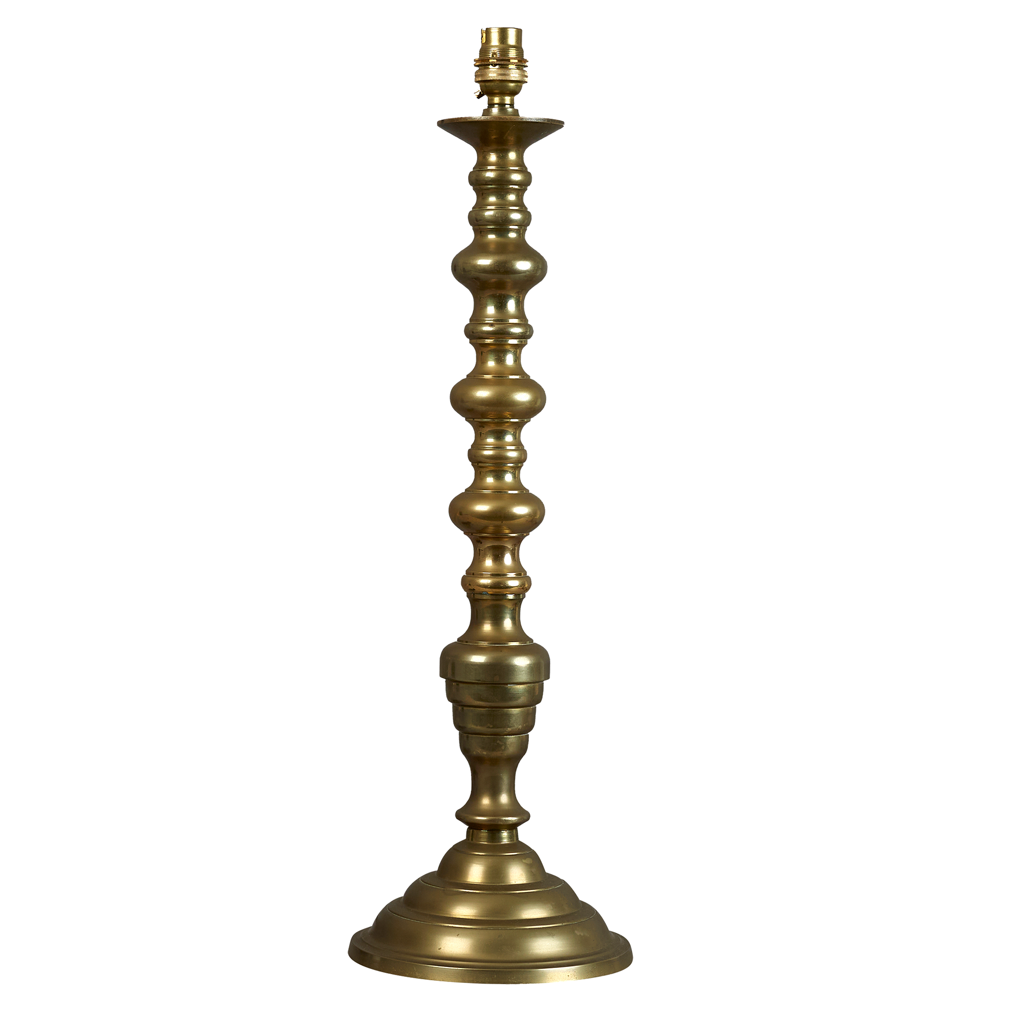 A mid 20th century brass turned table lamp, electrified
